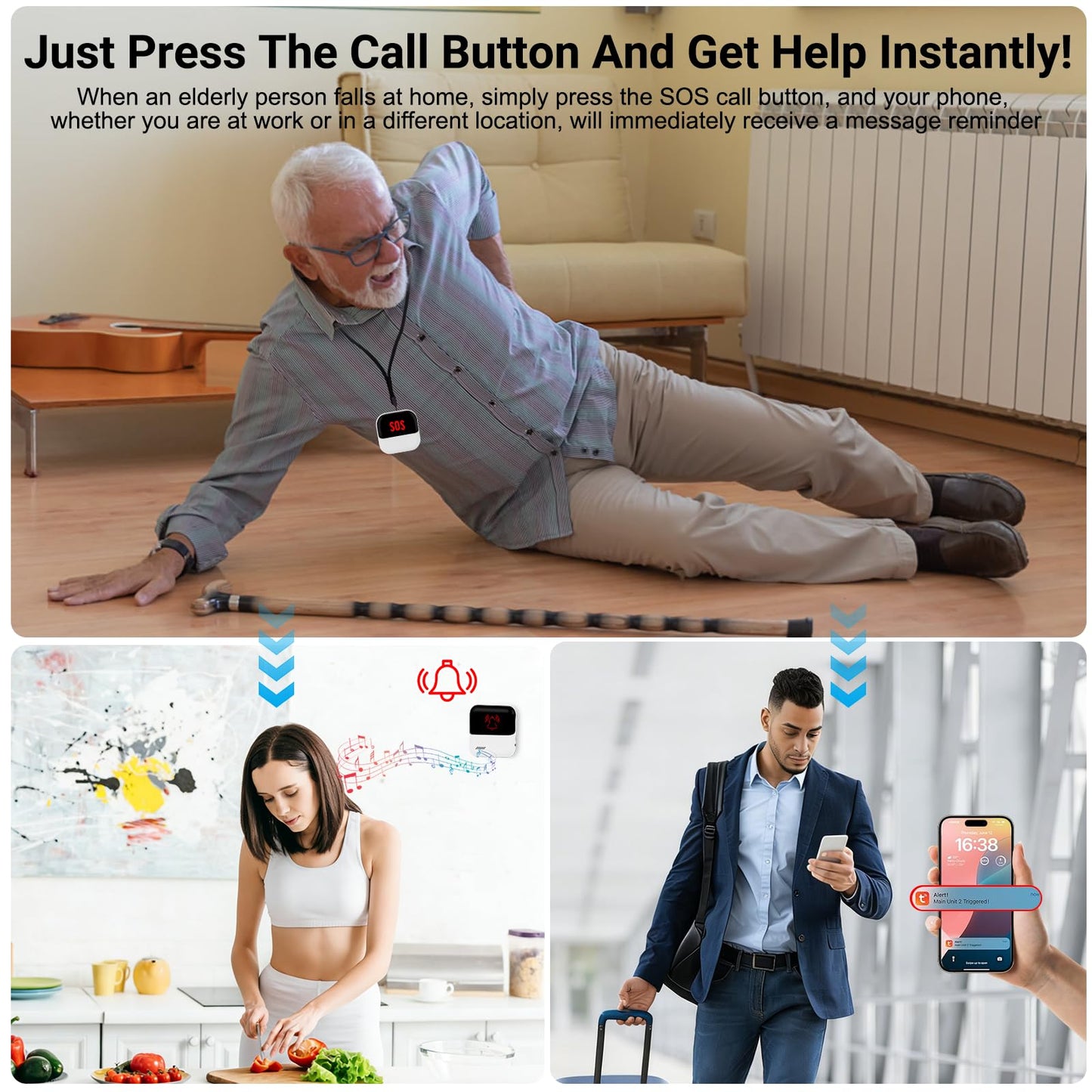 Frexiol WiFi Caregiver Pager Medical Alert Systems for Seniors No Monthly Fee App Control Alert Button for Seniors at Home,2 Call Button and 1 Receiver,for Elderly,Patients,Disabled