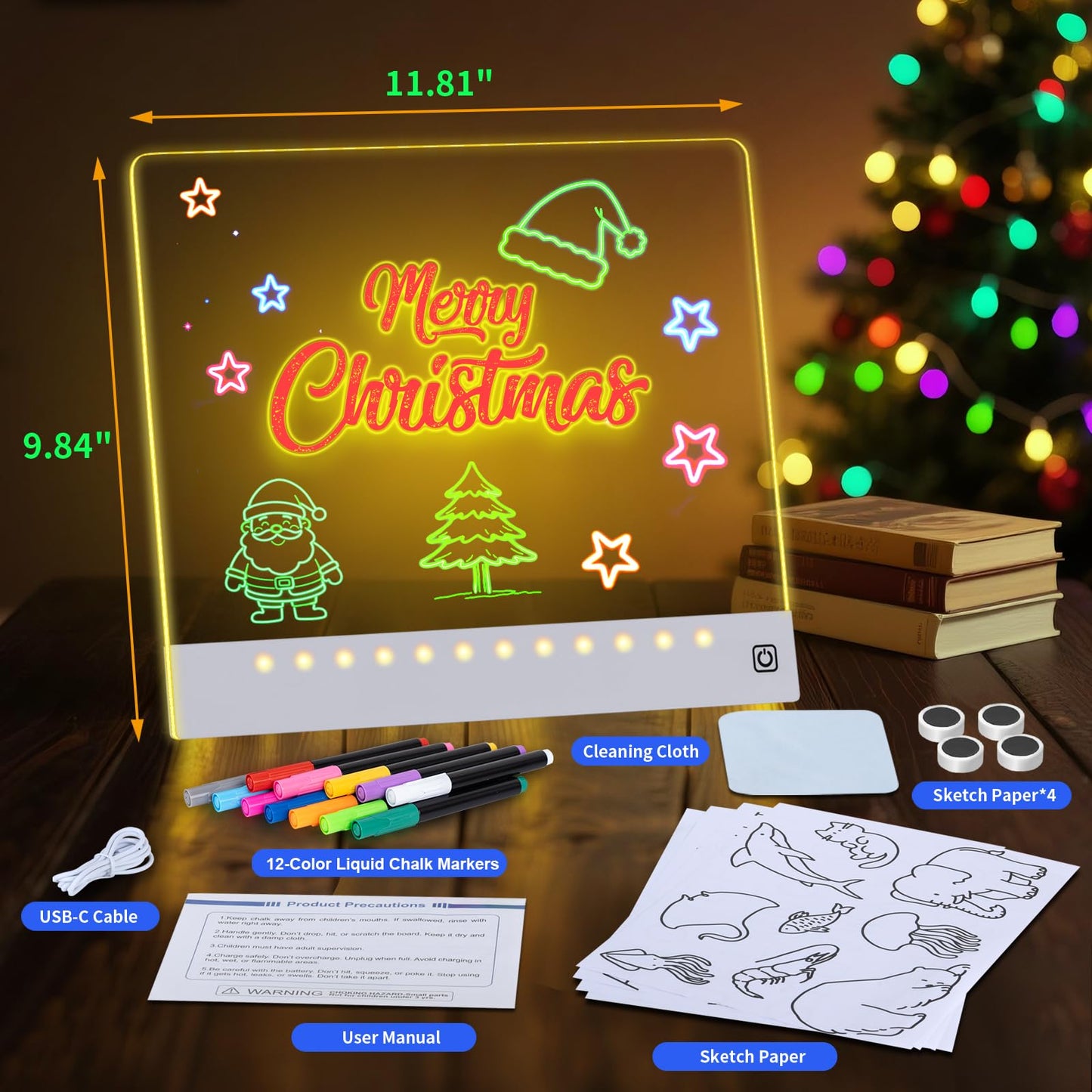 Rechargeable LED Drawing Board for Kids with Tracing Pages, Lumi Board Magnetic Light Up Acrylic Dry Erase Board, LED Note Board with 4 Magnets, Birthday Gifts Toy for Kids/Girls