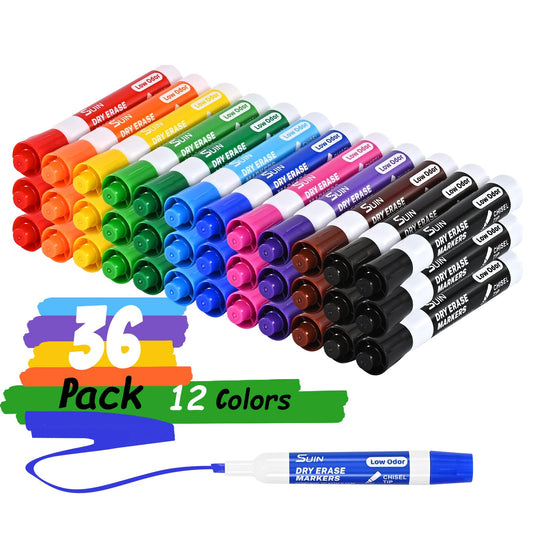 SUIN Dry Erase Markers, Chisel Tip Whiteboard Markers for Classroom and Office, Broad & Fine Lines, Wipe Clean & Ghost-Free, Works on Glass and Laminated Sleeves, Assorted 12 Colors, 36 Count