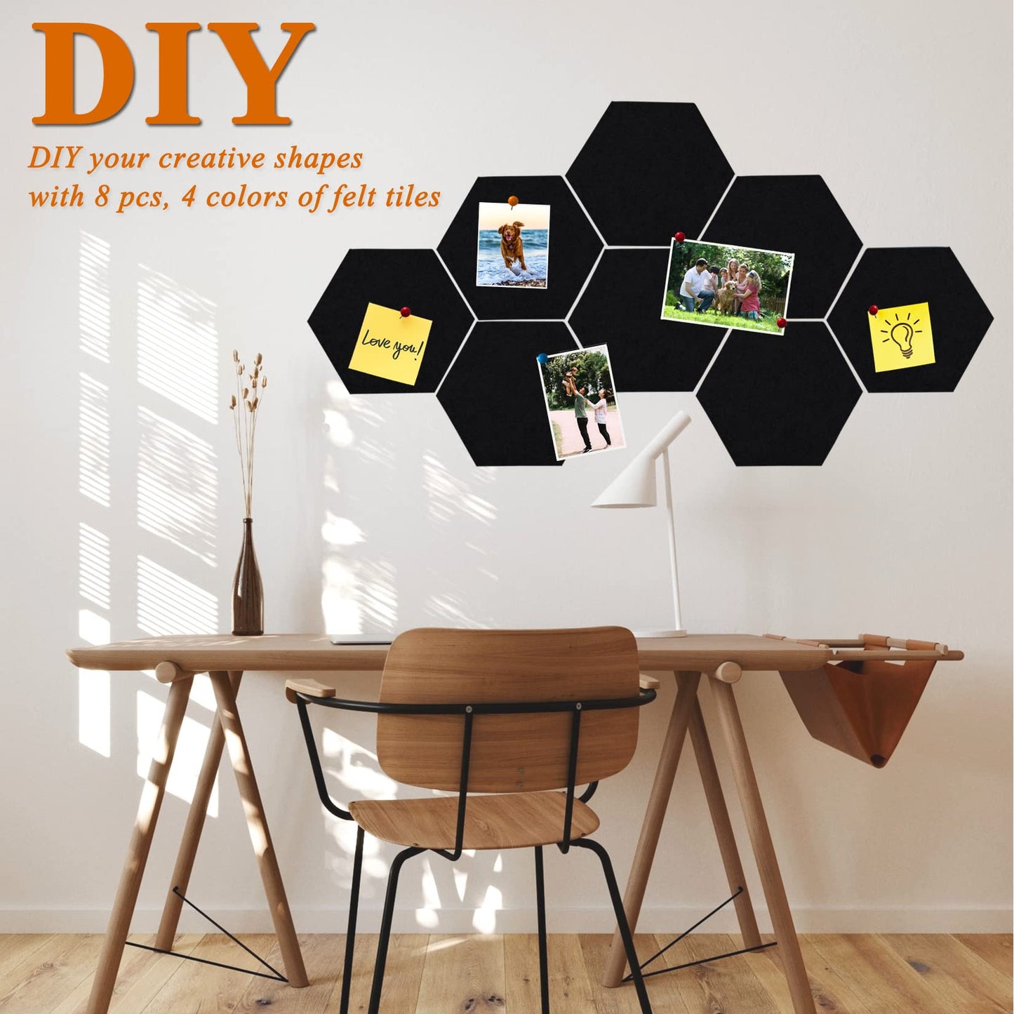 HULAVO 8Pcs Hexagon Felt Cork Board Tiles, Self Adhesive DIY Bulletin Board Pin Board for Office School Home Wall Decor Stickers Memos Photos Display (Black)