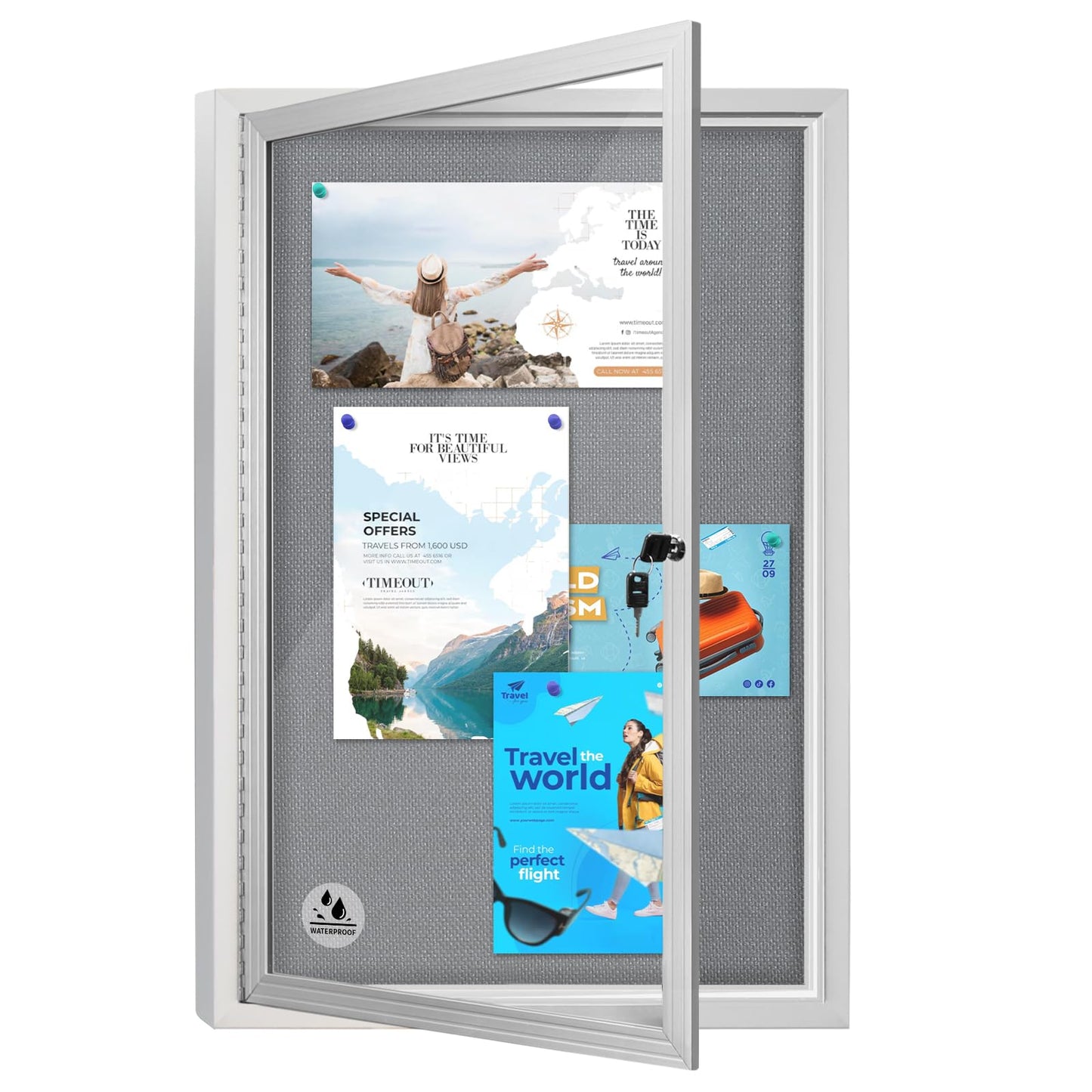 Outdoor Weatherproof Enclosed Fabric Bulletin Board,Noticeboard Case with Lockable Glass Door,Silver Aluminum Frame, 36x24 Inch (5xA4)
