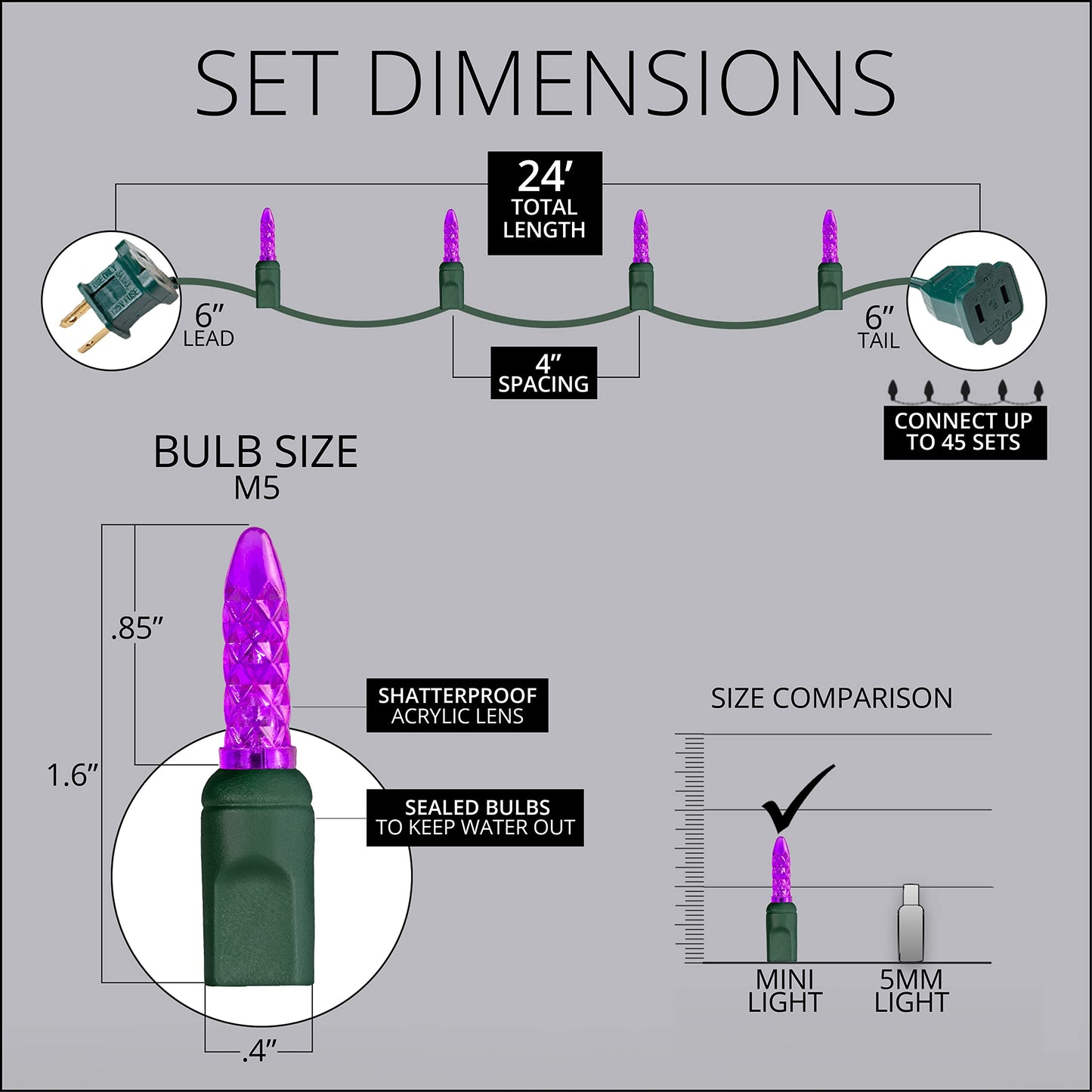 Wintergreen Lighting 24 ft M5 LED Purple Halloween Lights, 70 Count, Indoor/Outdoor, Commercial Grade, Green Wire