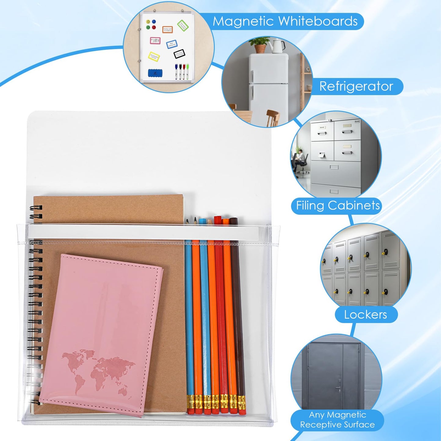 Tolare 5 Pcs Magnetic Pockets for Whiteboard & Fridge, Magnetic File Holder Organizer Set with Magnet Backing, 12 x 9.5 Inch Clear Storage Pouches for Documents Notes Tools (Black & White)