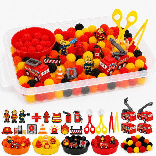 Cinrobiye 138 Pcs Firefighter Sensory Bin Fillers Set Fire Truck Rescue Theme Kit with Fireman Figures Traffic Barriers Storage Box for Fire Station Scene Setup and Learning Resources