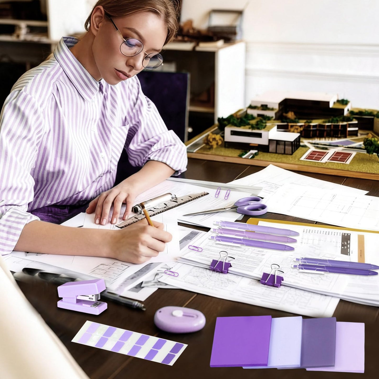 Humyoun Mini Purple Office Supplies Kit Purple School Supplies Christmas Gift Desk Accessories with Gel Pens Sticky Notes Stapler Scissor Paper Clips Index Tabs Box Cutter for Christmas Gifts Office