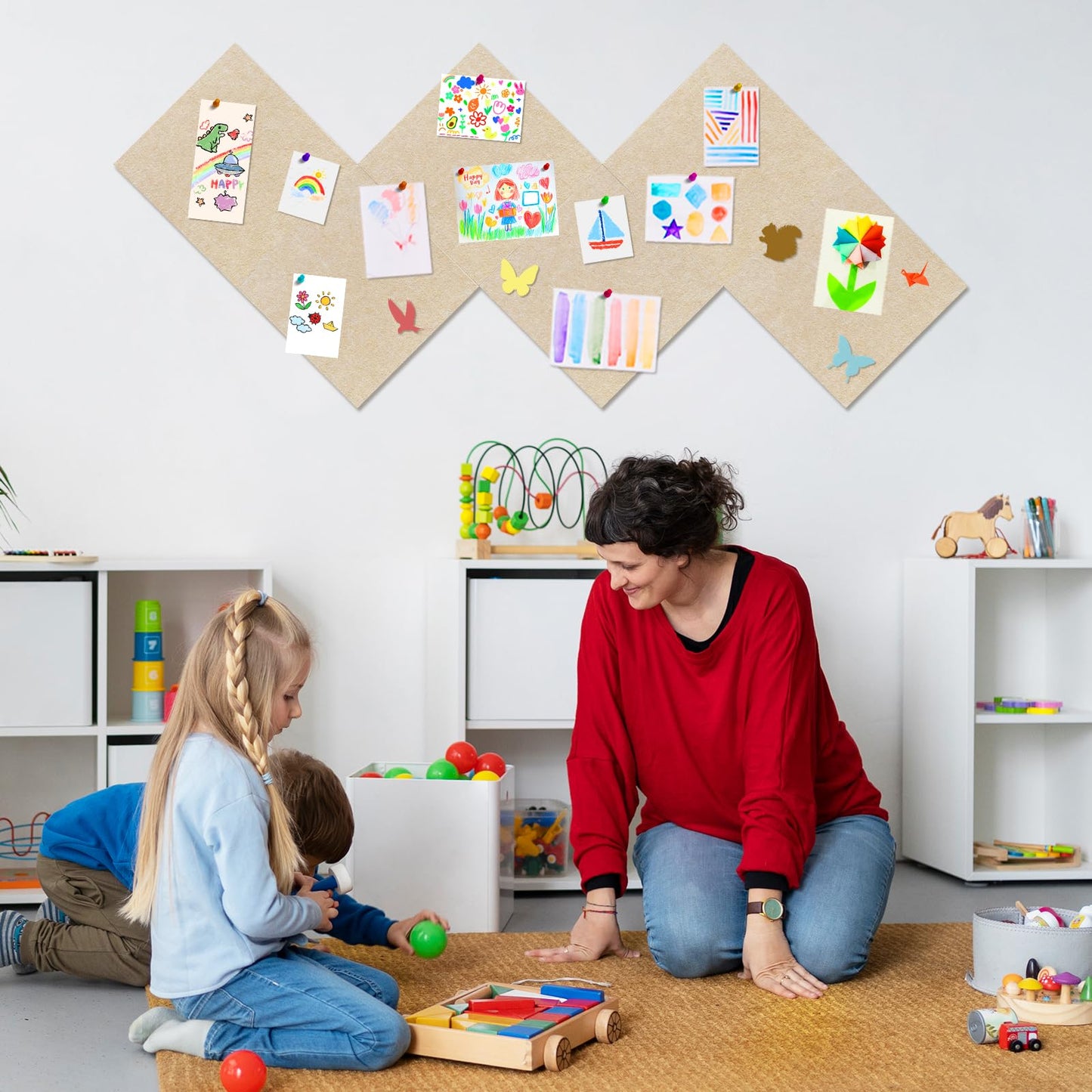 ANLIOTE 6 Pack Cork Board Felt Bulletin Board with 60 Push Pins, 1/2" Thick Pinboard Square Tiles for Wall Organizer - Home Office Classroom Decor, Photo Display, Memo Board (11.8"x11.8"- Beige)