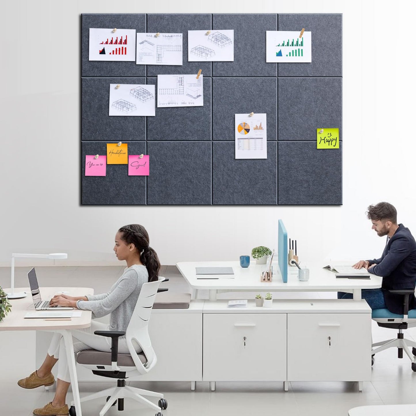 Bounmer Large Cork Bulletin Board - 48" x 36" Cork Board for Walls - 12 Pack Felt Tiles, 60 Removable Safe Adhesive Tabs & 30 Pushpins - for Office, School, Home Decor (Grey)