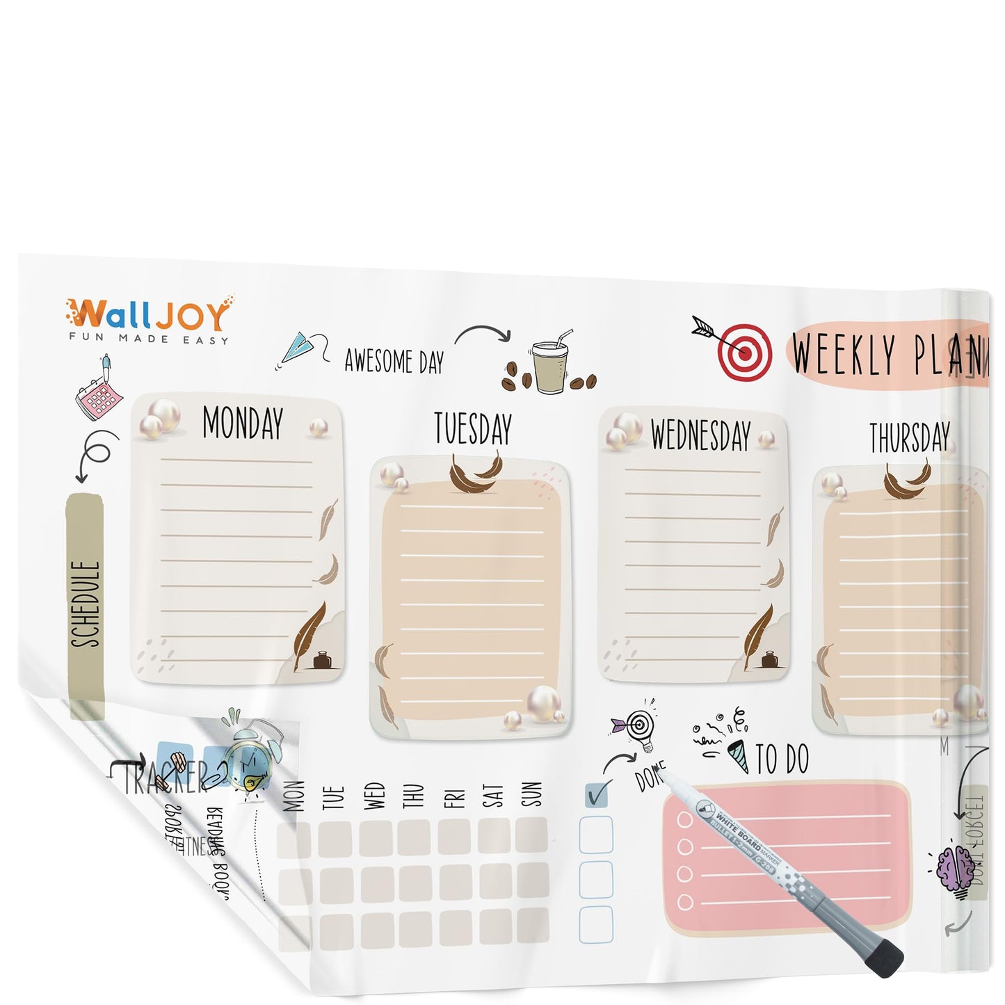 WallJOY Dry Erase Calendar – 39.4x16” Weekly Dry Erase Board for Wall, Clear Weekly Planner Whiteboard, Reusable & Easy Erase, Sticks to Smooth Surfaces, Upgraded Static Cling – Improved Hold