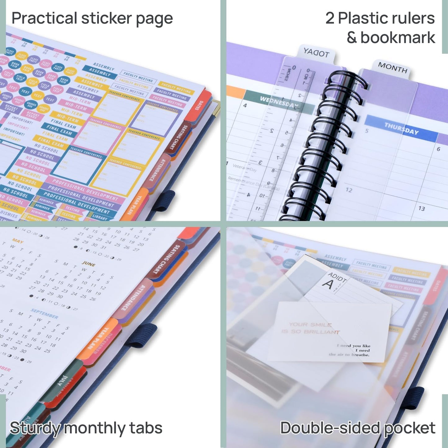 POPRUN Teacher Lesson Planner 2026-2027, (Letter Size - 8.5'' x 11'') Academic Planner July 2026 - June 2027 with Gradebook & Color Monthly Tabs, Thick Paper, 2-Sided Pocket, Leather Cover, Dutch Blue