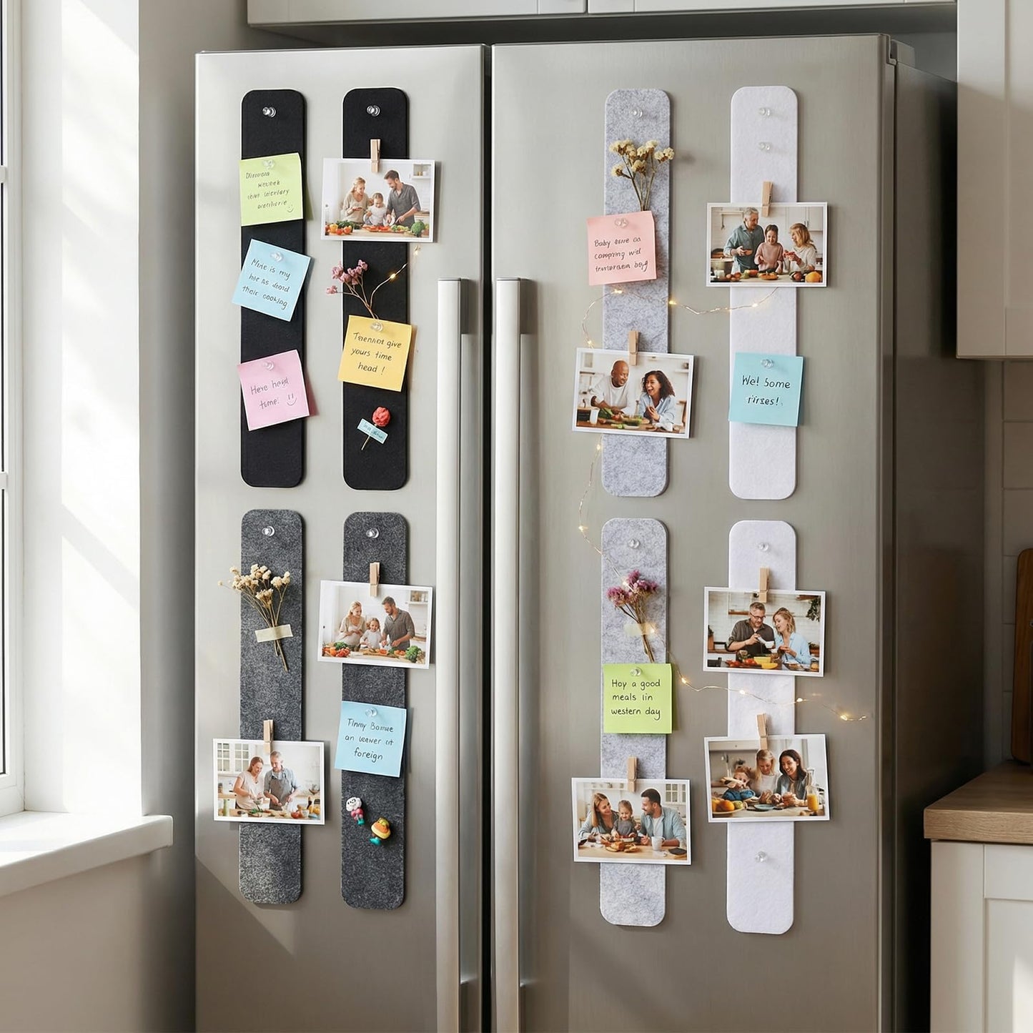 Thboxes 8 Pack Felt Bulletin Board Strips, 13x2 Inch Self Adhesive Felt Pin Boards with 50 Pushpins and 10 Wooden Clips Push Pins, Cork Board for Walls Home Office Decor(Black White Gray)