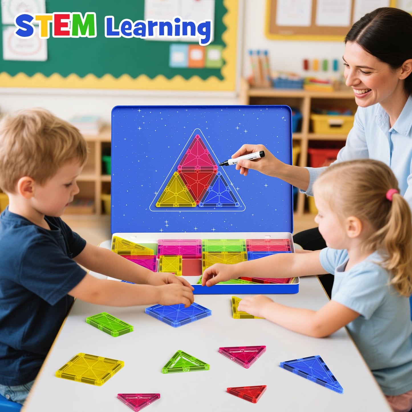 MEIQ Jumbo Magnetic Tiles with Secure Metal Case, 32 Pcs Large Magnetic Building Blocks for Kids 3-8, STEM Toys for Toddlers, Preschool Learning Montessori Toys, Age 3+ Boy Girl Gift