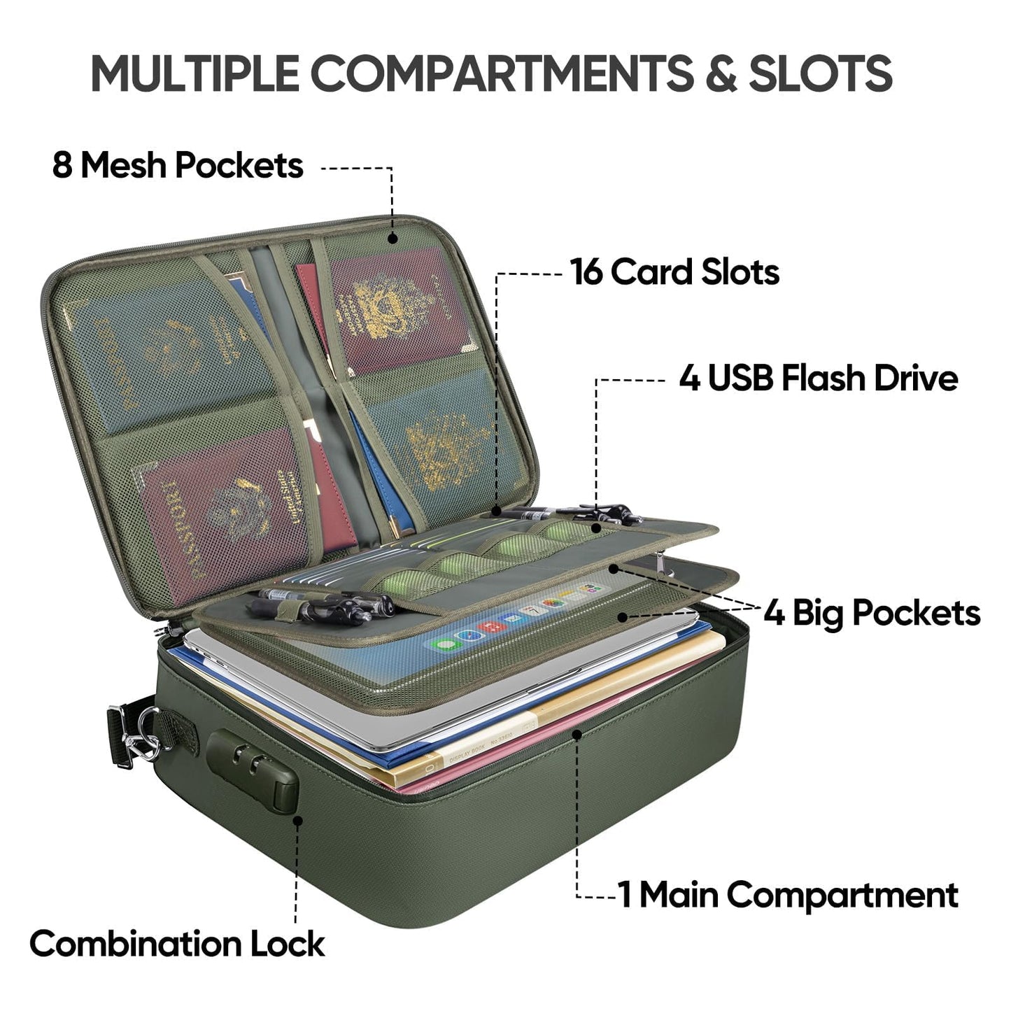 BALEINE Fireproof Document Box with Lock, Portable Fireproof Document Bag Waterproof Fire Proof File Boxes for Documents, File Organizer Box for Important Paperwork (Green, 15''x11''x4'')