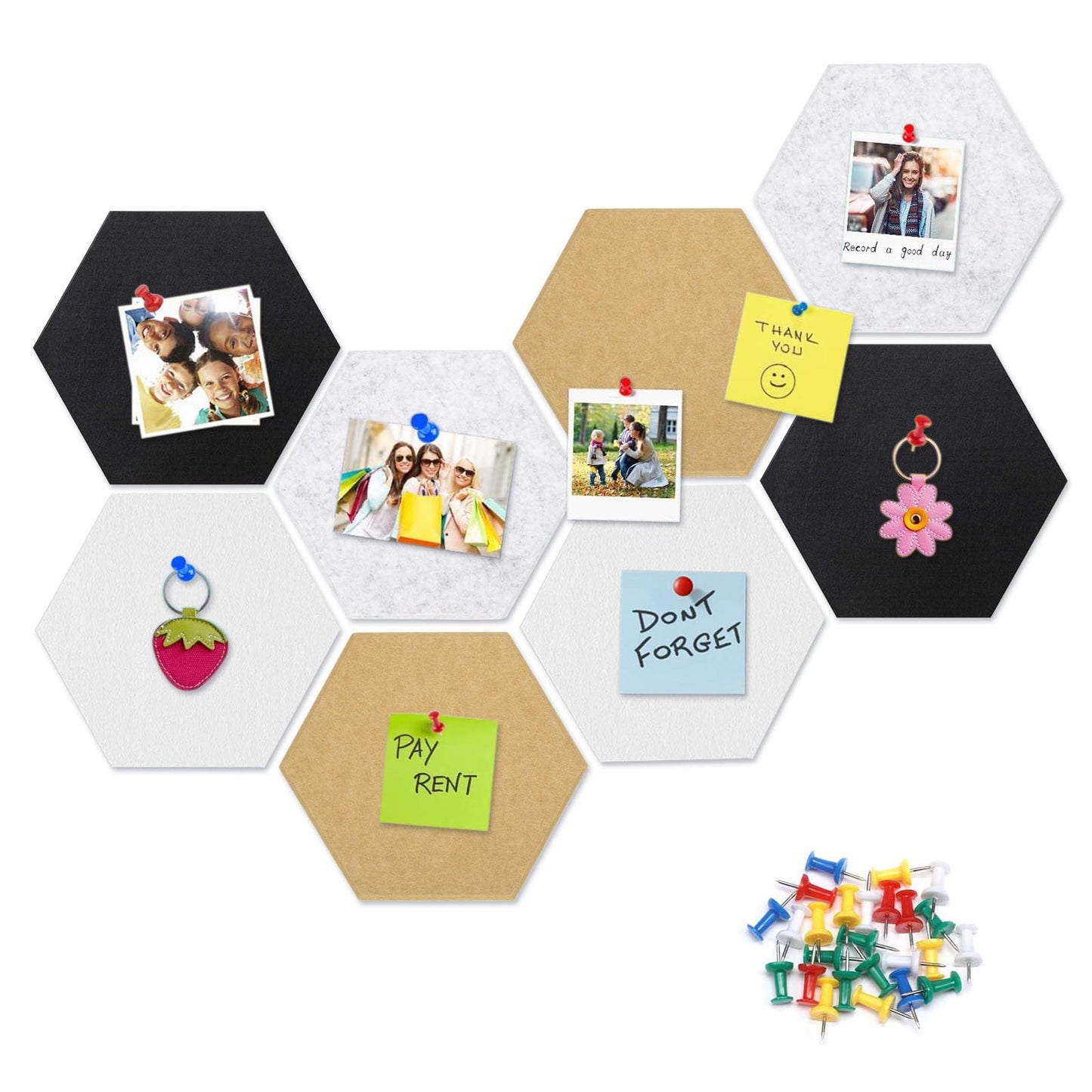 8 Packs Hexagon Felt Pin Board, 12" Bulletin Board with 30 Push Pins, Felt Board for Home Kitchen Office, Self-Adhesive Corkboard Tiles for Walls Message Photos Memos Display (Black White Grey Camel)