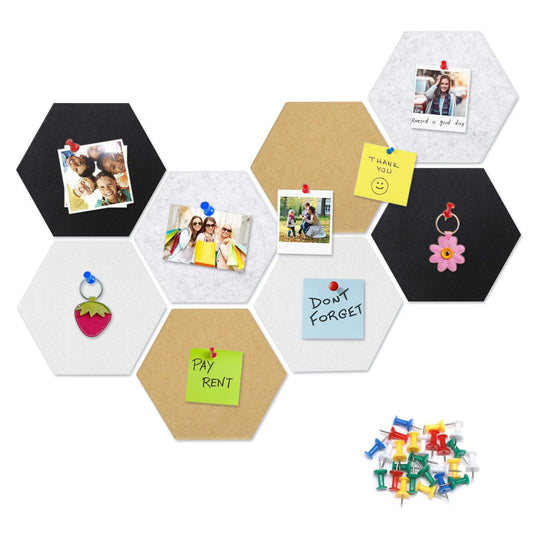 8 Packs Hexagon Felt Pin Board, 12" Bulletin Board with 30 Push Pins, Felt Board for Home Kitchen Office, Self-Adhesive Corkboard Tiles for Walls Message Photos Memos Display (Black White Grey Camel)