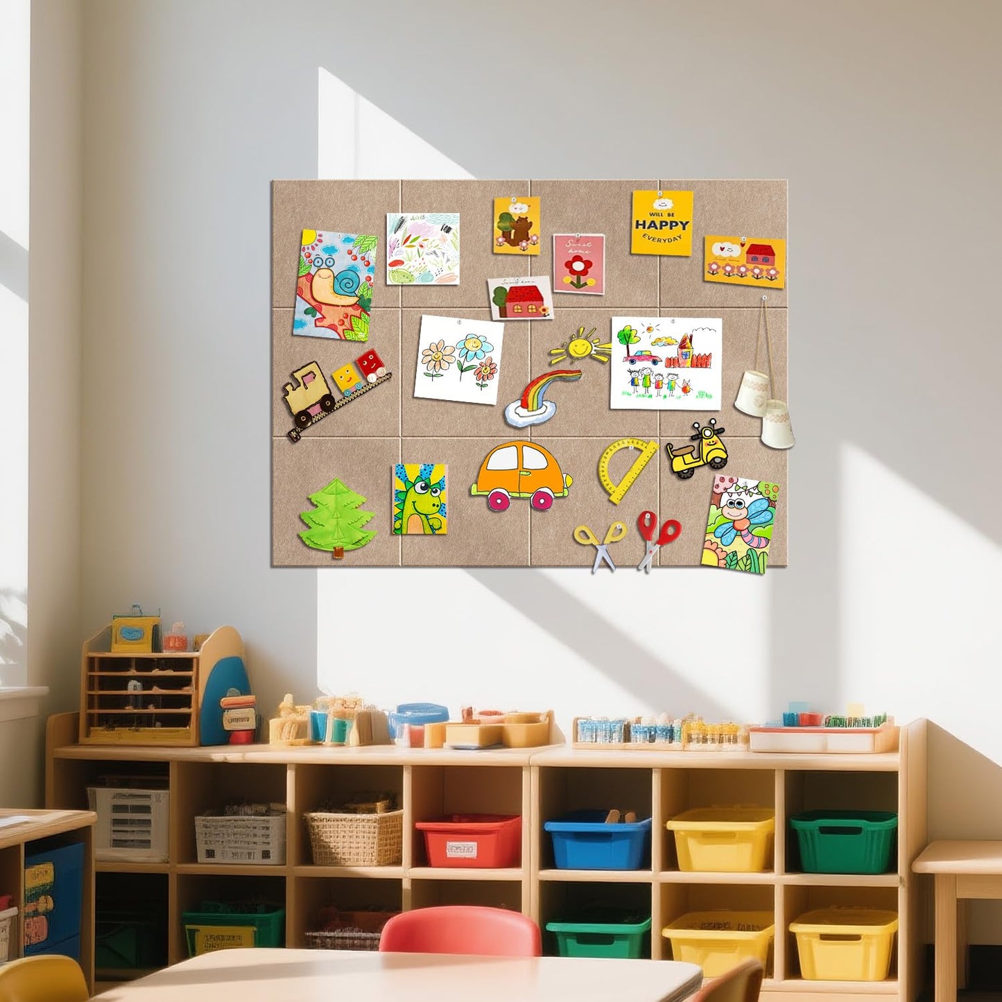 TSJOFFICE Large Cork Board for Wall - 48" x 36" Bulletin Board with 50 Pushpins for Office Decor, Pin Board 12 Pack Felt Wall Tiles with Safe Removable Adhesive Tabs, Corkboard for Home - Dark Camel