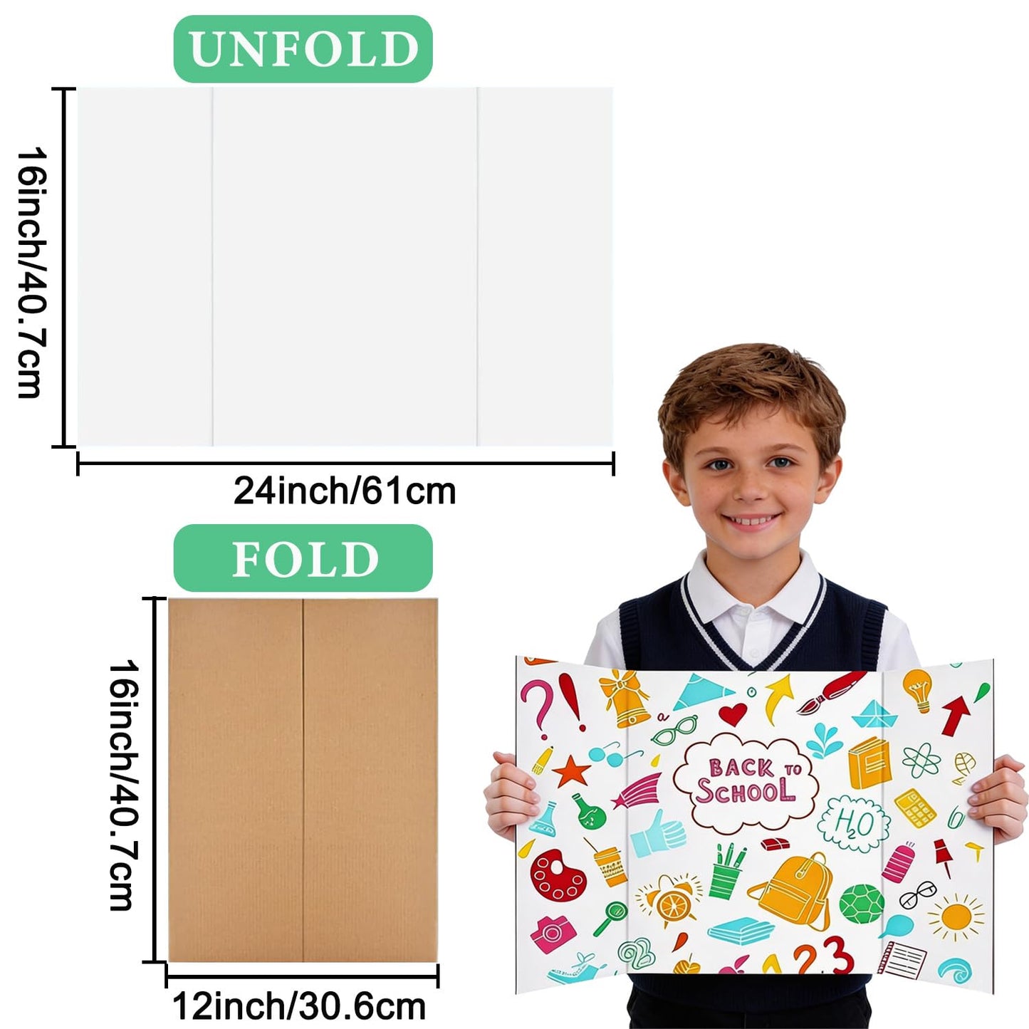 LonlyEagle Trifold Poster Board, 24" x 16", 3-Pack, White Corrugated Project Boards for Science Fairs, School Projects, Event Displays