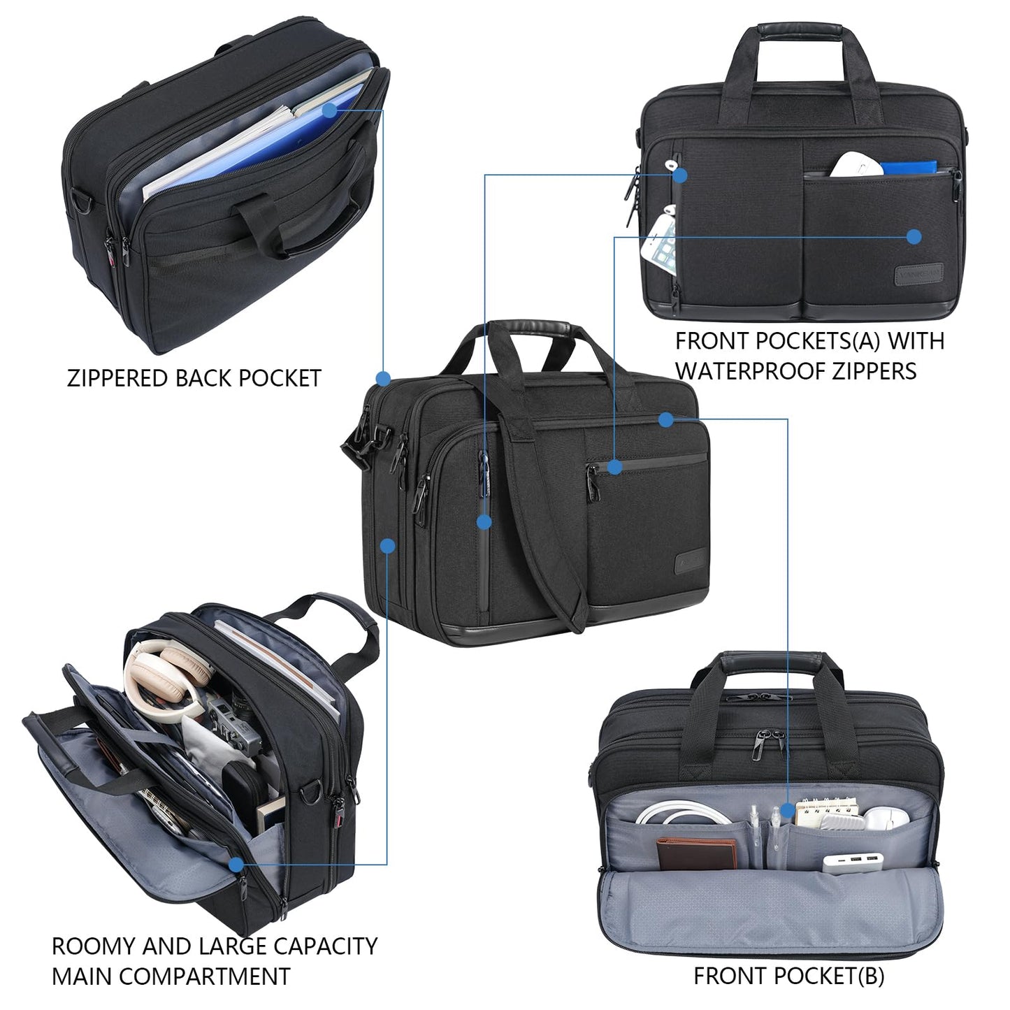 VANKEAN Laptop Briefcase for Men Women, 17.3 Inch Laptop Bag Water Repellent & Expandable Messenger Bag with Strap, Premium Shoulder Bag Womens Briefcase Computer Bag for Travel/Business, Black