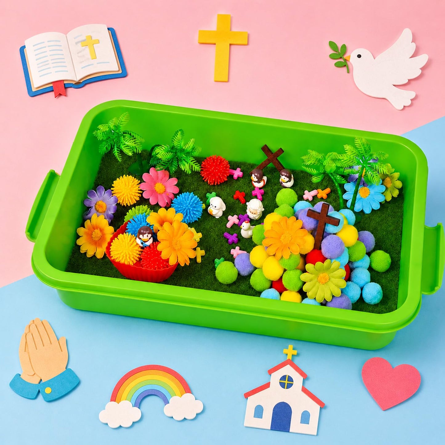 Cinrobiye 209 Pcs Christian Theme Activity Fillers Set with Storage Box, Religious Cross and Faith Inspired Accessories, Bible Activity Materials, Sunday School Supplies, Church Classroom Resources