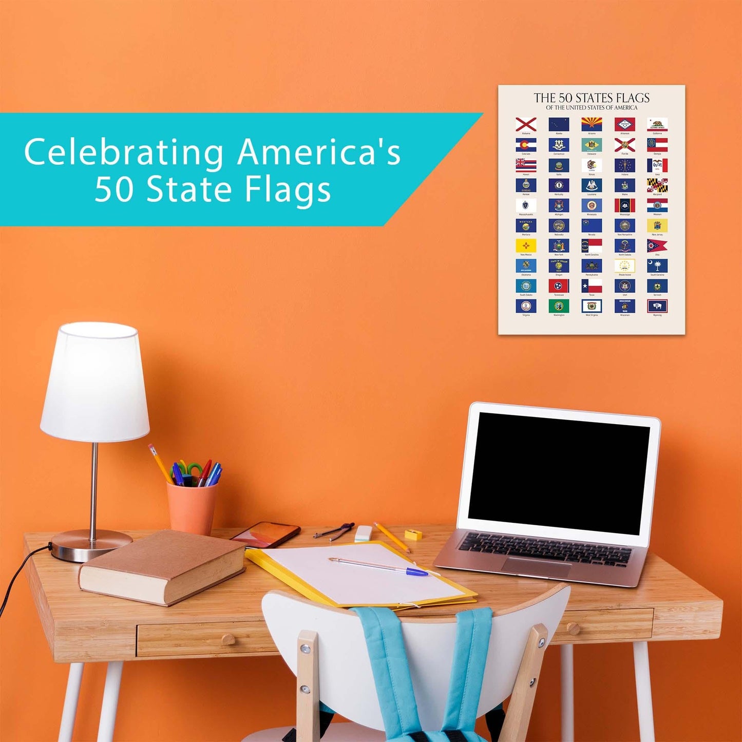 Wallbuddy 50 State Flags of the USA | US History Classroom Decorations | Modern Social Studies Educational Charts & Posters | Unframed State Posters USA Flag Wall Decor Updated Edition (12x16)