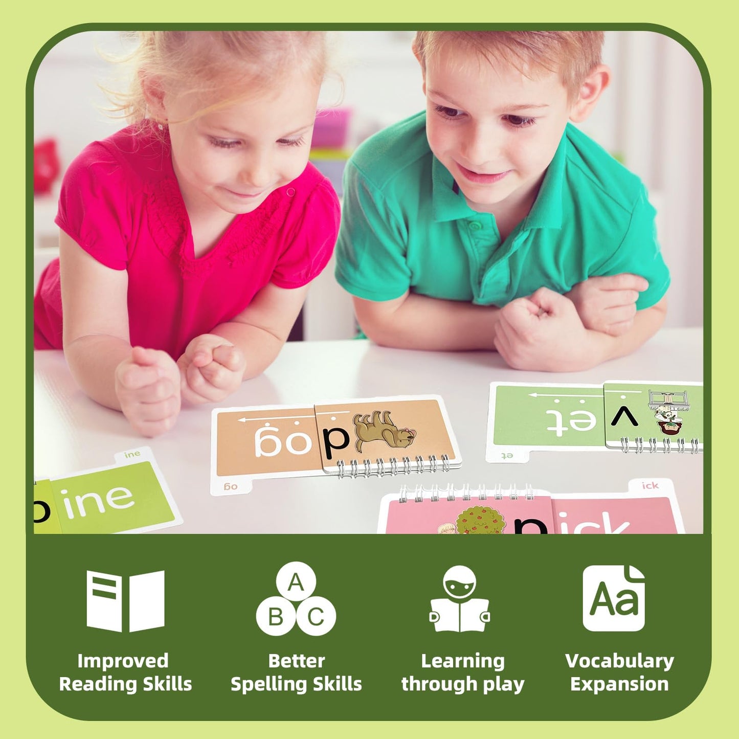 Word Family Build Book, 40 Read and Rhyme Flip Activity Book, Learn to Read Phonics Flash Cards, Sight Words Reading Games for Kids Ages 4-8 Kindergarten 1st 2nd 3rd Homeschool Educational