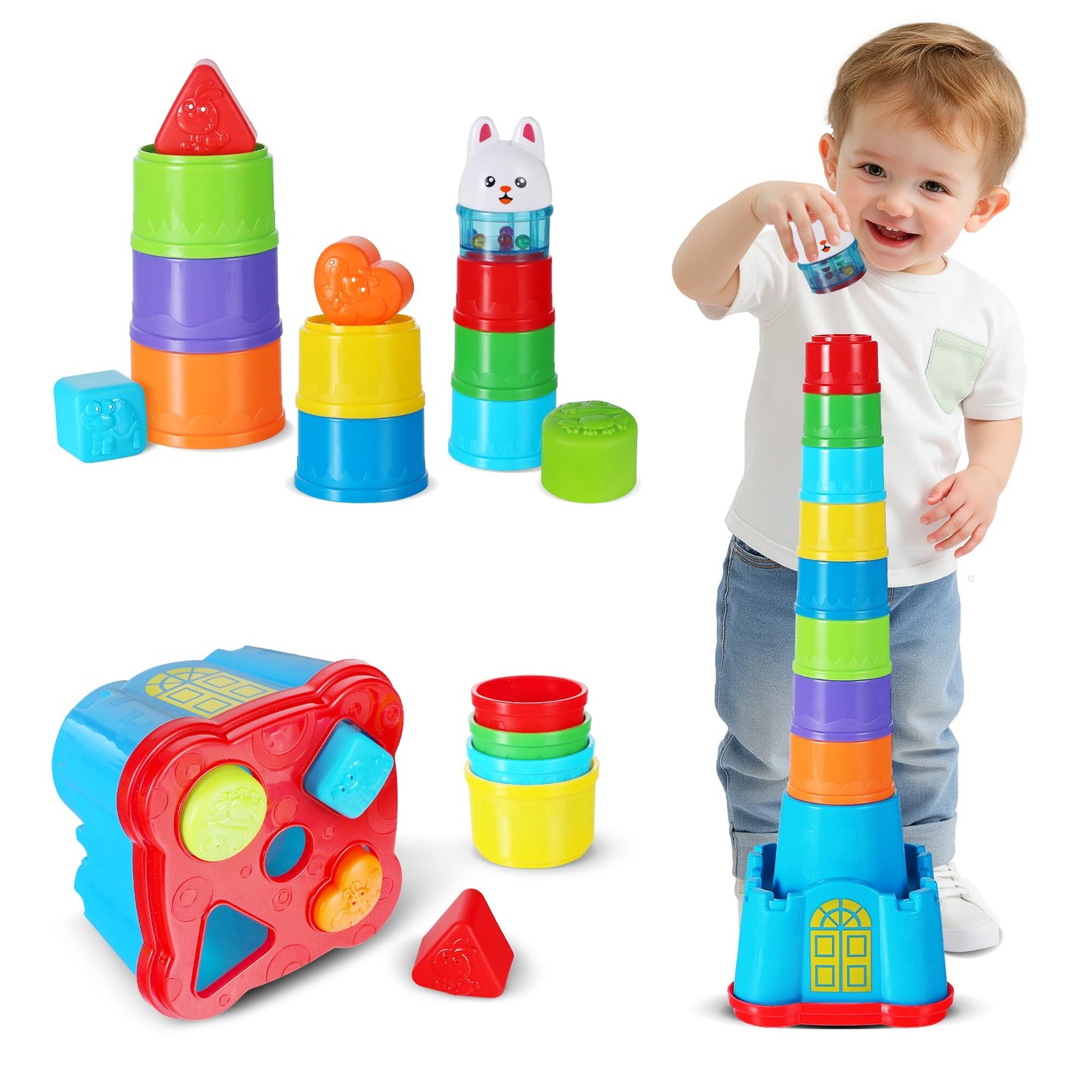 iPlay, iLearn Baby Stacking Toys, Toddler Nesting Stack Cups, Infant Stackable Block, Kids Sorting Game W/Shape Sorter for Sand Bath, Birthday Gift for 12 18 24 Month 1 2 3 Year Old Boys Girls