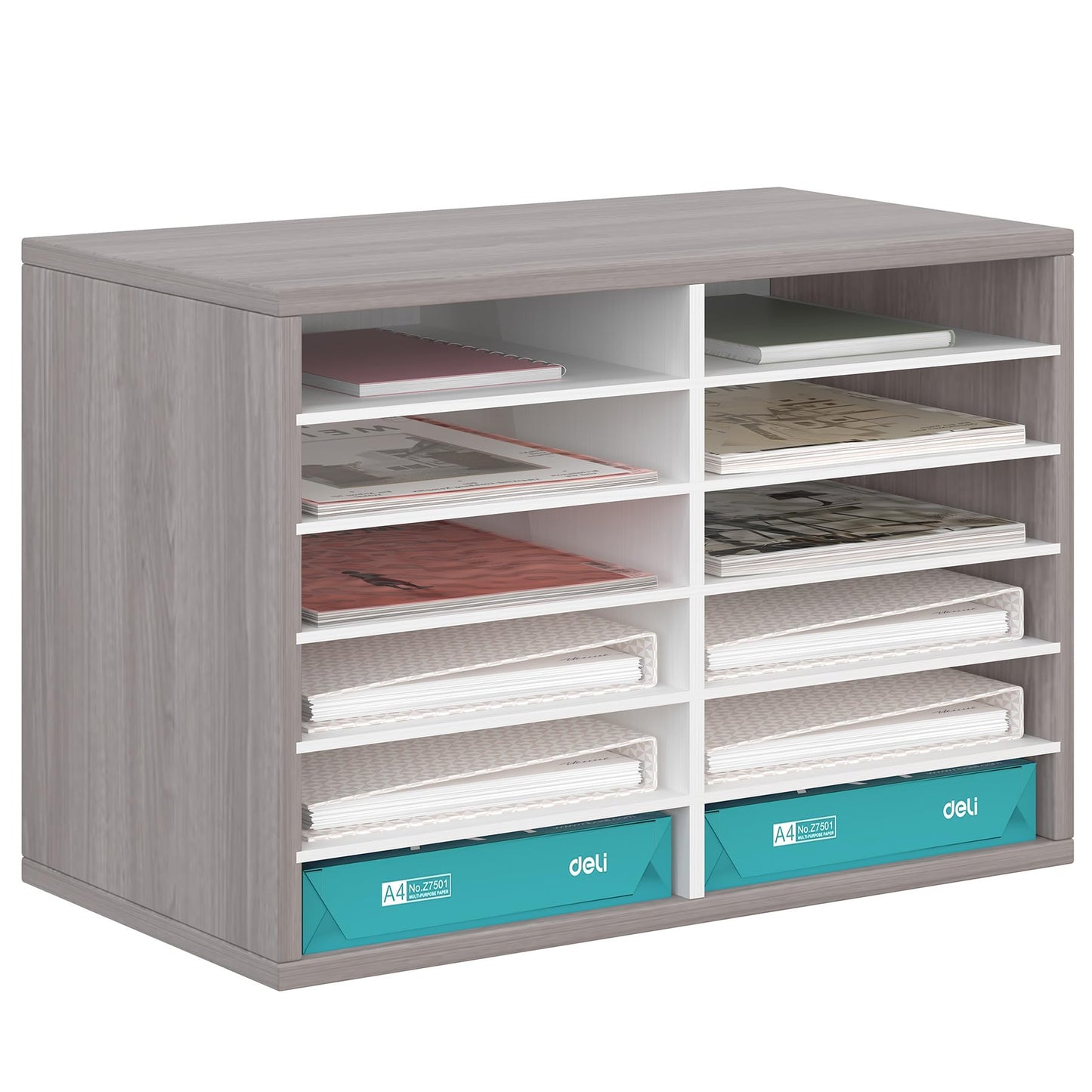 EasyPAG 12 Compartments Wooden Literature Organizer with Adjustable Shelves, 6000 Sheets Capacity Paper Organizer, Classroom Mailbox and Mail Sorter for Teachers and Office, Retro Gray/White
