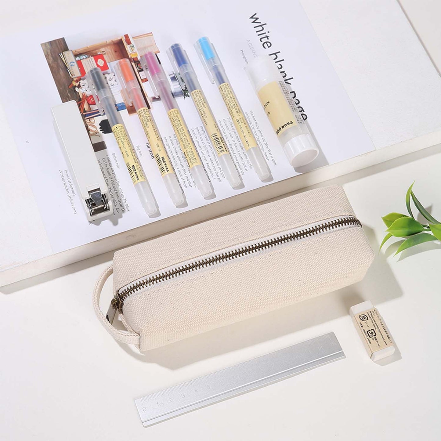 YONBEN Pencil Case Soft Cotton Canvas Pencil Pouch Bag for Easy Carry Stylish and Durable for Pens and Pencils (Beige)