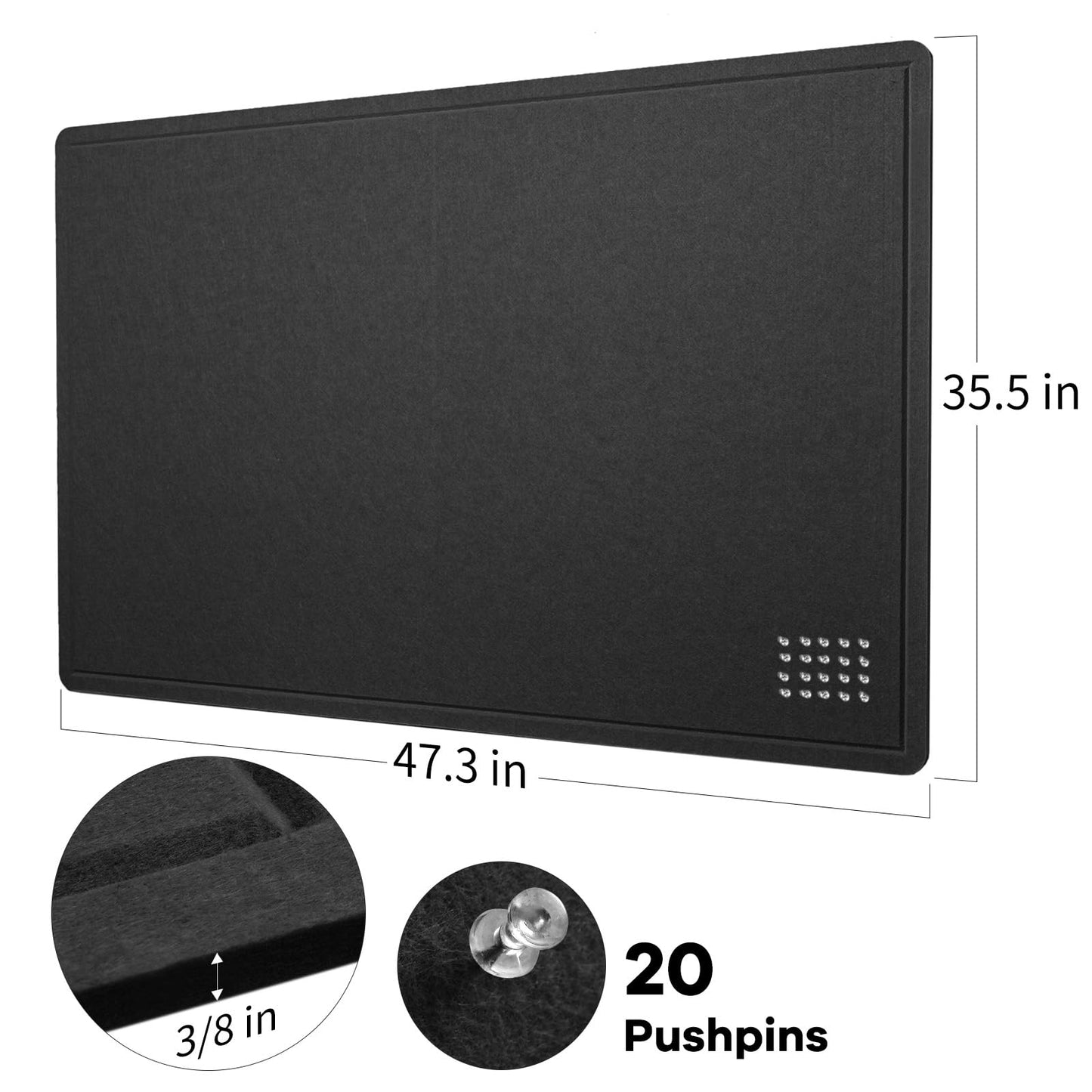 Lightomorrow Large Bulletin Board - 48 x 36 Inches, Decorative Felt Pin Board for Wall - 4' x 3' Foldable Photo Display Board with Self-Adhesive Tape, Includes 20 Push Pins - Black