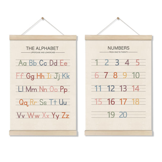 Alphabet Numbers Poster Hanger Frame Set of 2, Preschool Learning Posters, Educational Canvas Wall Art, Nursery Wall, Boho Montessori Classroom Decor, Toddler Room Decor for Boys Girls 16x12 Inch