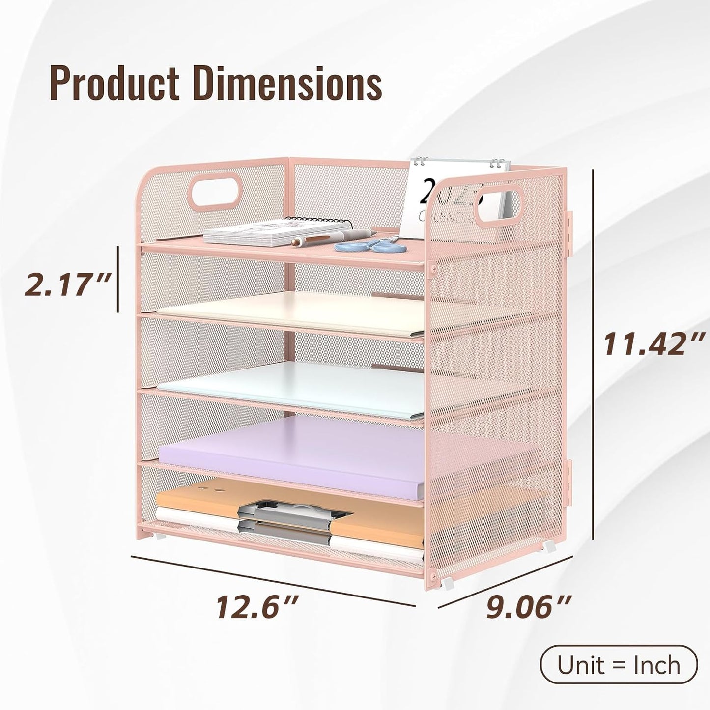 Supeasy 5 Trays Paper Organizer Letter Tray with Handle-Mesh Desk File Holders, Paper Sorter Desk Organizer for Office, Home, Classroom or School, Pink