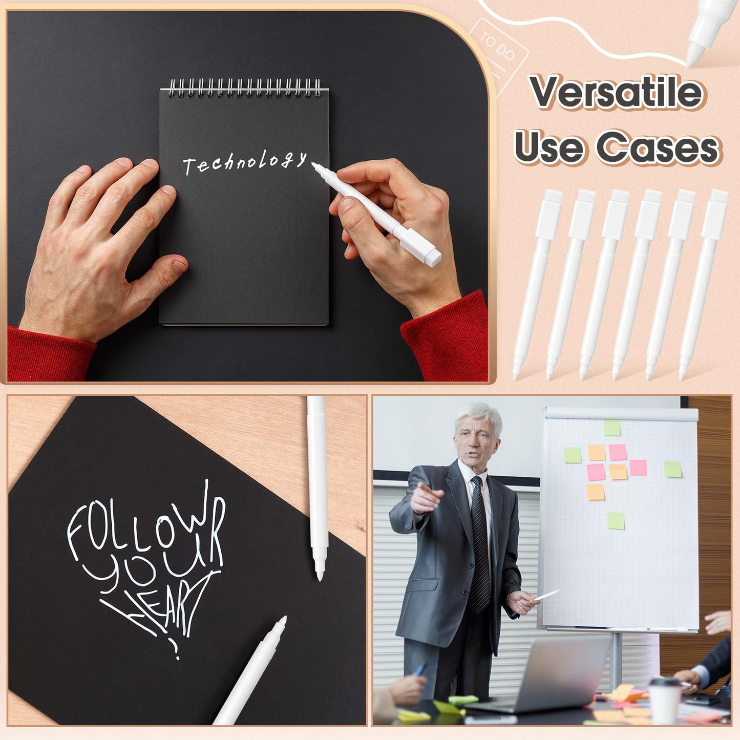 Poola Voidra 200 Pcs White Dry Erase Markers Pens Dry Erase Marker with Eraser Cap White Chalk Markers Pens Fine Point Tip Erases Marker Bulk Low Odor Blackboard Marking Pen for Office School Home