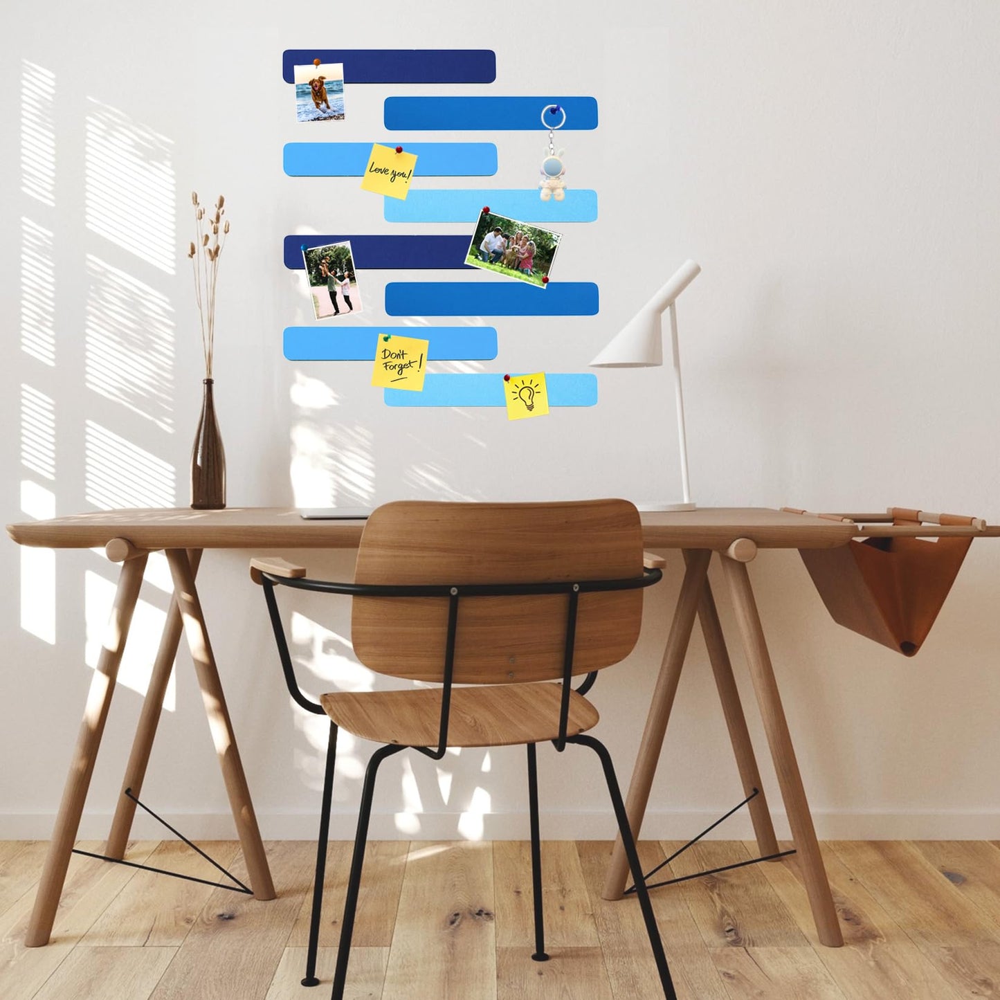 HULAVO 8Pcs Rectangle Felt Cork Board Bar Strips with 35 Pushpins, Self-Adhesive Bulletin Board Strips for Office School Home Wall Decor Stickers Memos Schedules Photos Display -Gradual Blue