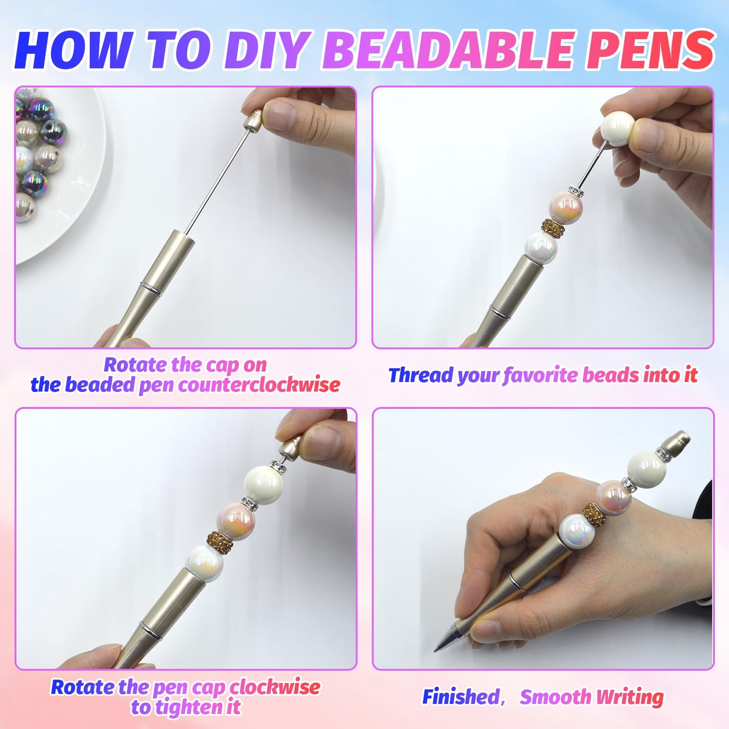 DASTTUIS 150 Pieces DIY Beadable Pen Kit – 50 Plastic Ballpoint Pens with Refills & Bags – School Supplies, Office Accessories & Decorative Items for Students & Teachers (Gold)