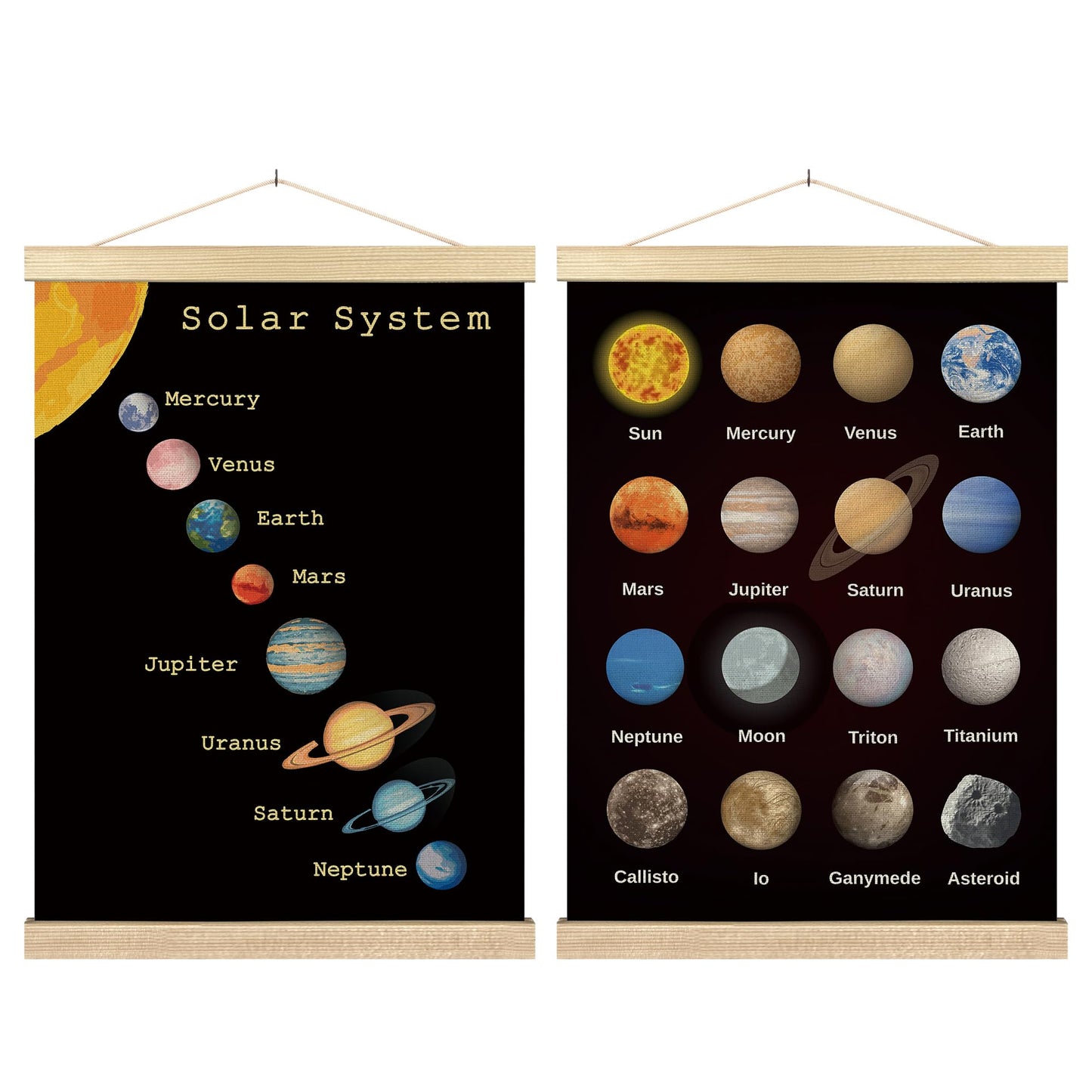 BCUANGD Space Wall Decor - Solar System Astronomy Poster Hanger with Wood Frames Set of 2, Kids Boys Educational Learning Wall Hanging Canvas Decor for Kids Room Home Playroom, 12x16 Inches
