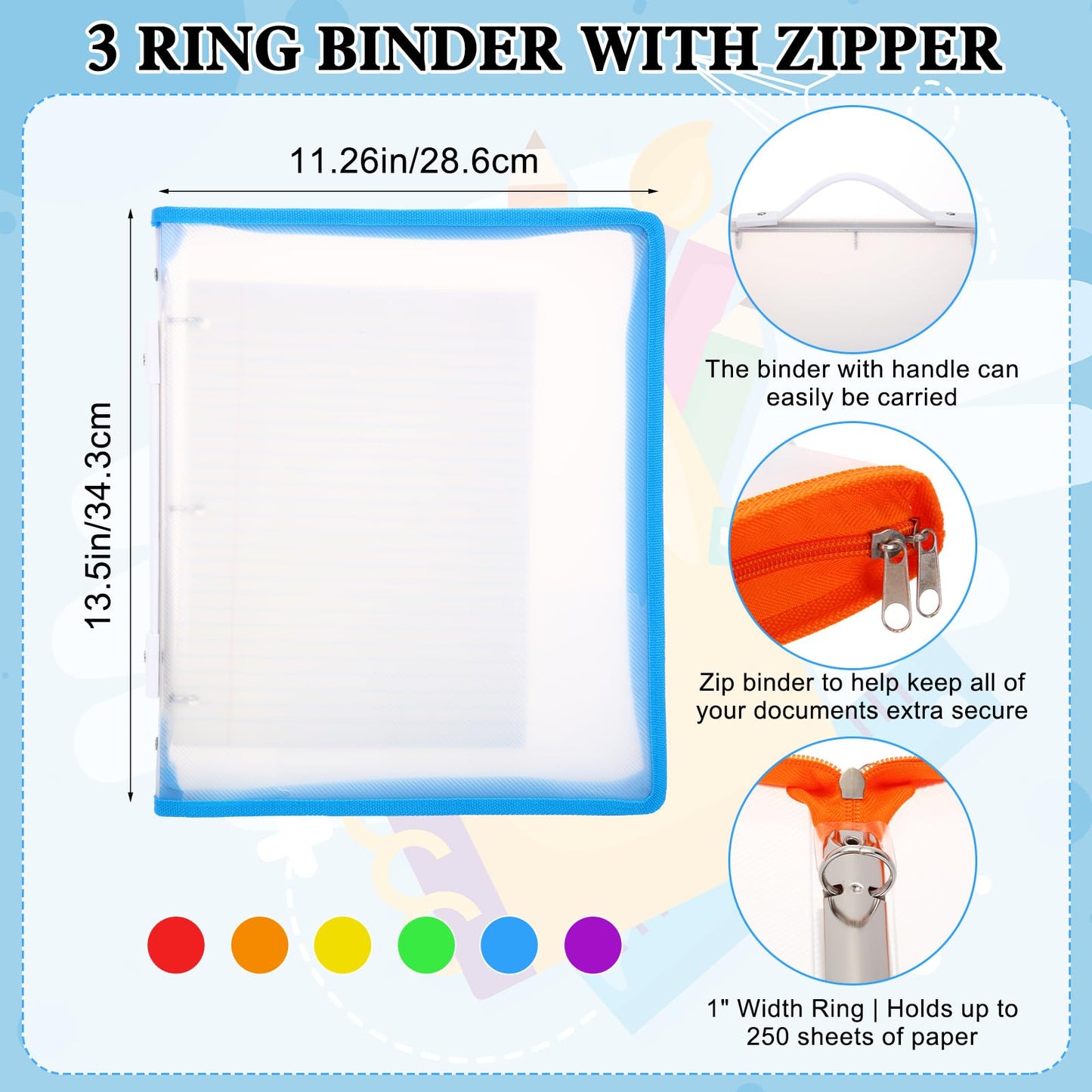 Fulmoon 6 Pack 1 Inch Zipper Binder, 3 Ring Binder with 2 Interior Pockets, Plastic Pencil Pouch, Expanding File Zippered Holds 8.5''x11'' for Projects, Assignments, Memos, School Work (Clear)