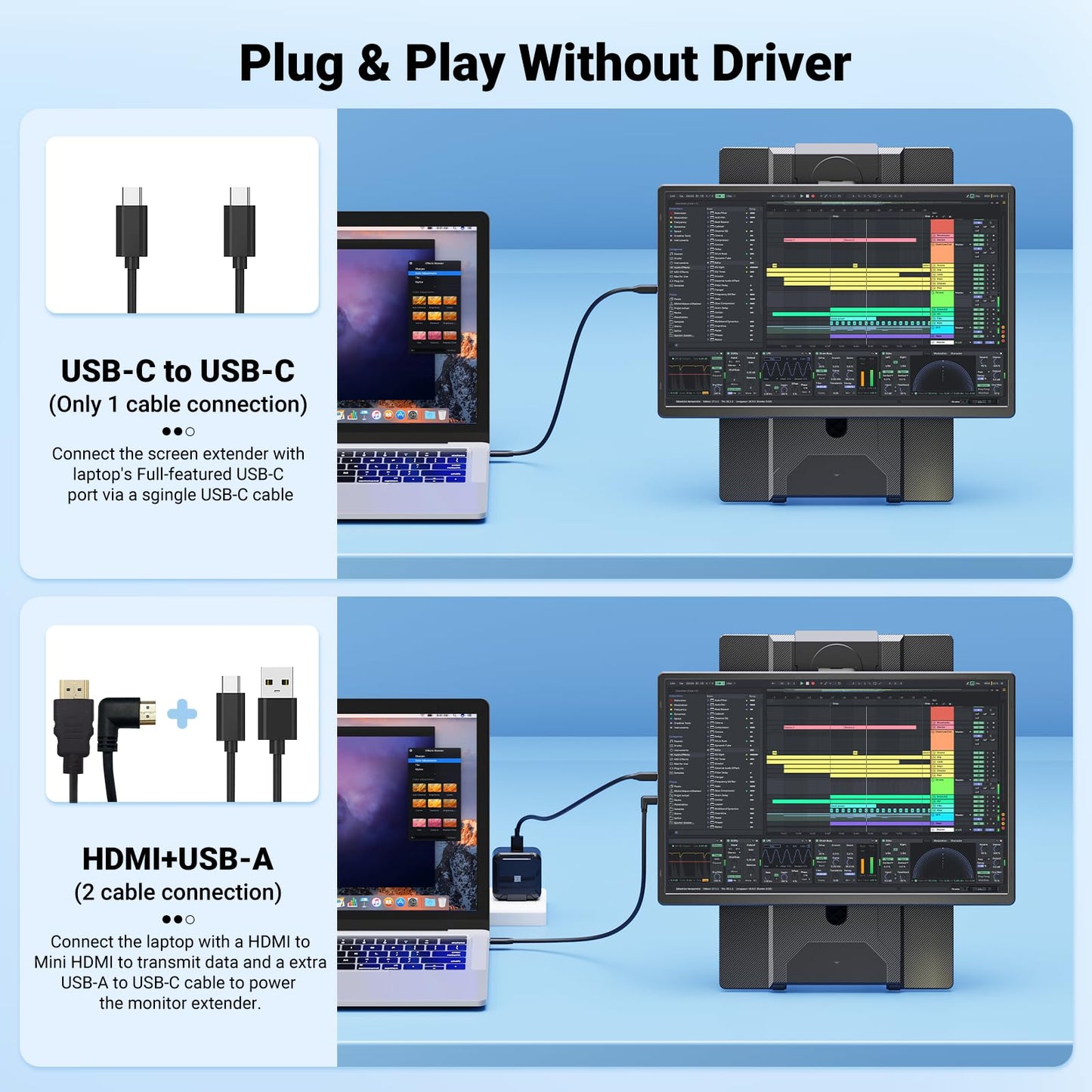 16" Laptop Screen Extender, 1200P FHD Portable Monitor for Laptop, 360° Rotating, Plug & Play, Detachable Stand, Height Adjustable for 13-17" Laptops, Travel Screen compatible with Mac/Windows/Chrome