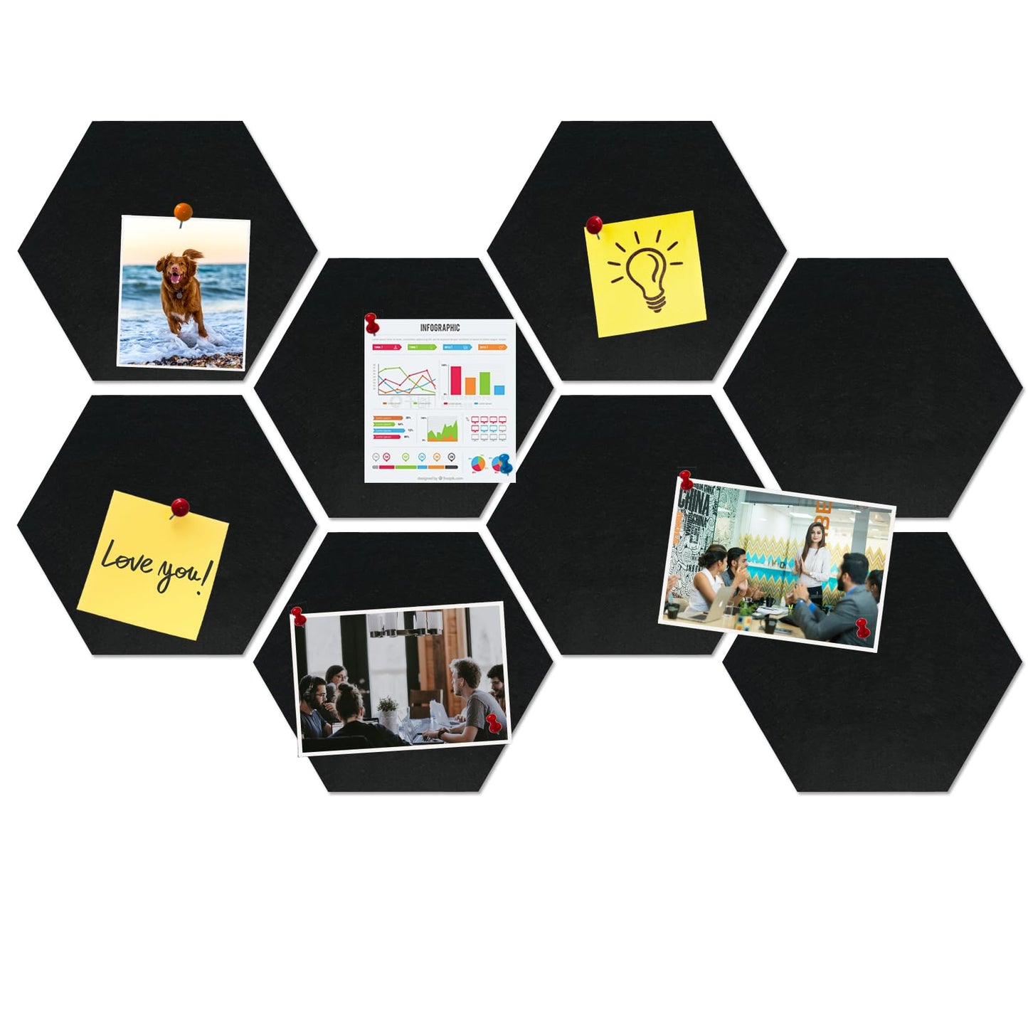 HULAVO Large Hexagon Felt Cork Board Tiles, Self Adhesive DIY Felt Bulletin Board Pin Board with 35 Pushpins for Office School Home Wall Decor Stickers Memos Photos Display(Black)