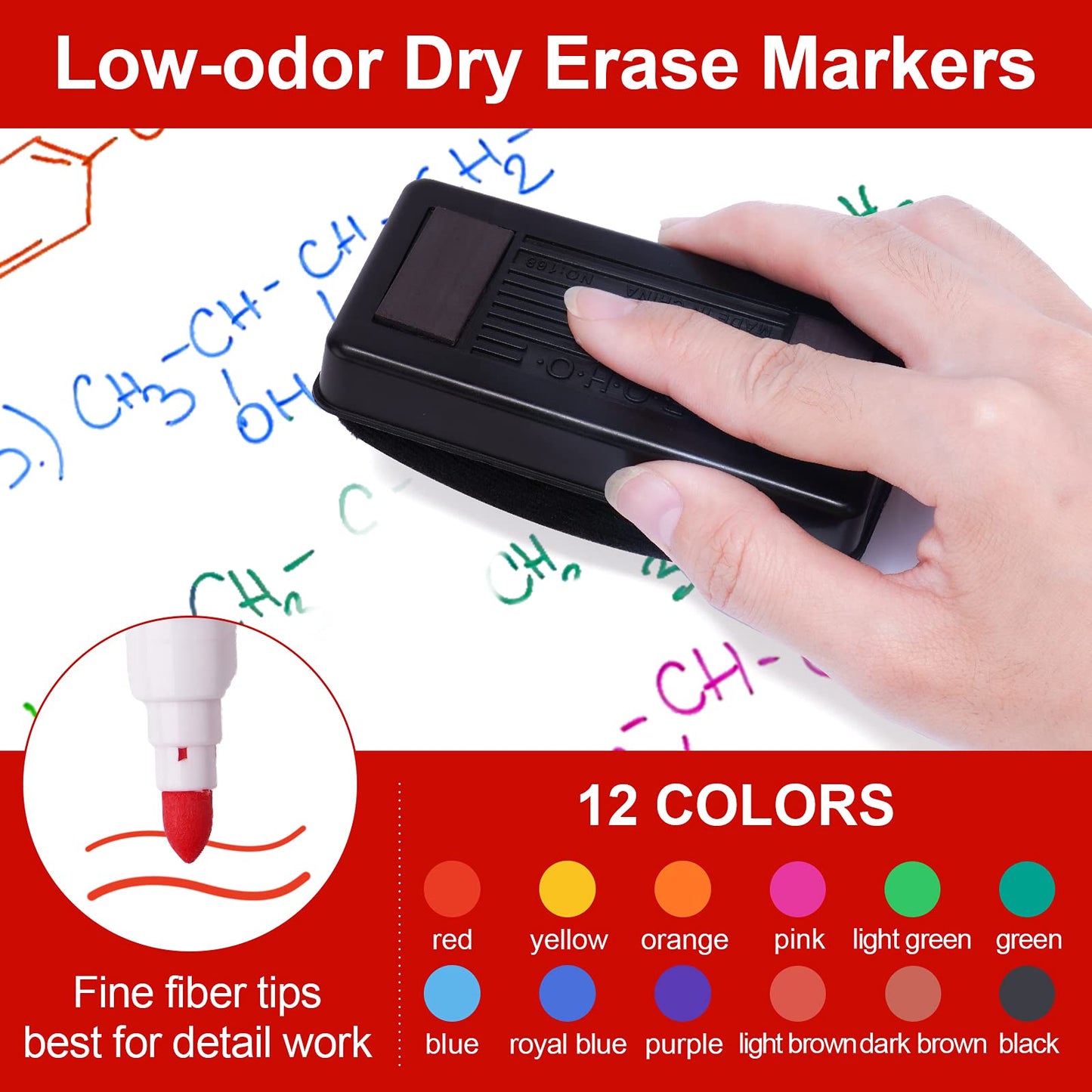 NiArt Whiteboard Magnetic Dry Erase Marker Holder Set, 12 Colors Fine Markers, Magnetic Whiteboard, Dry Eraser for Office