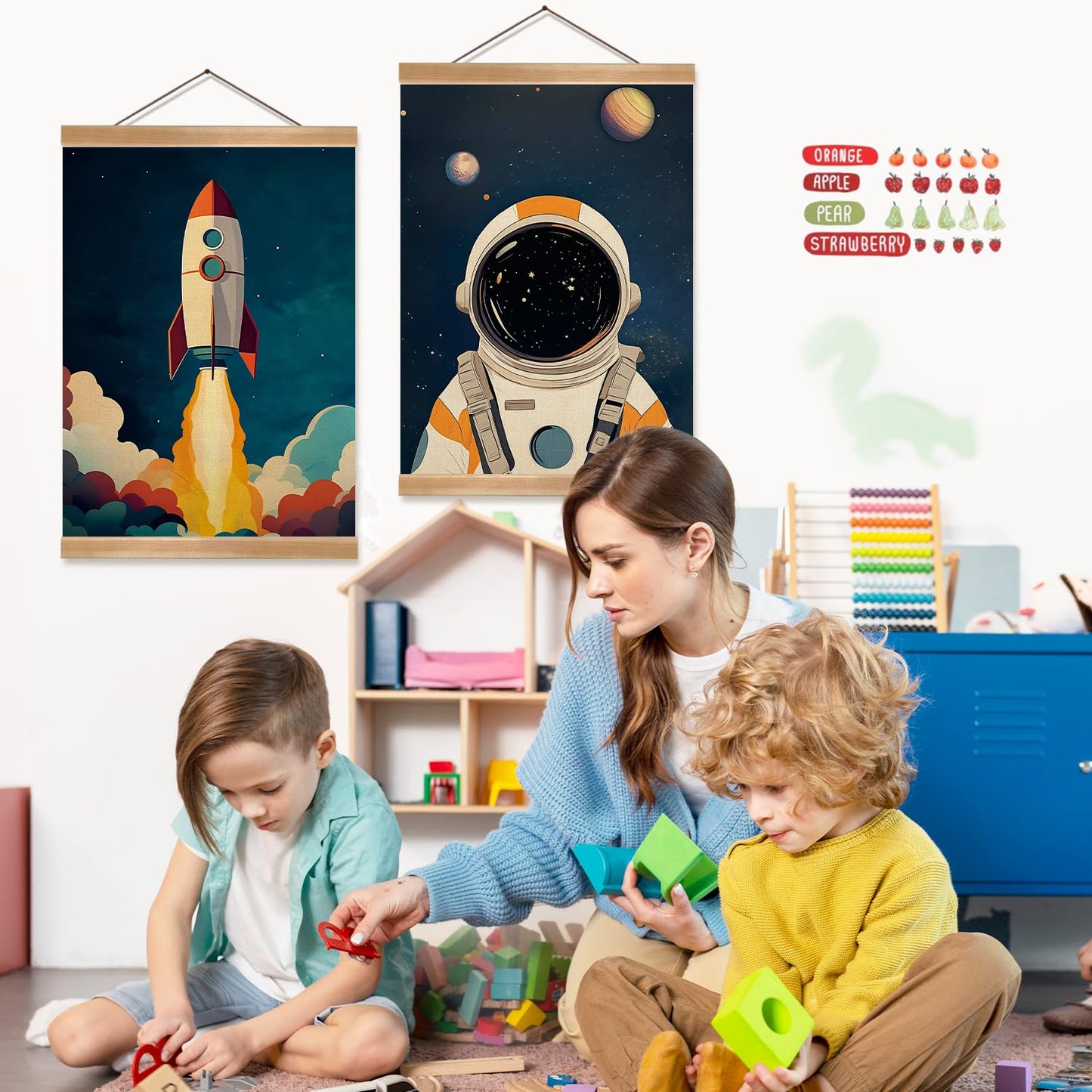 Astronauts and Rockets Poster Wall Art set of 2, Universe Wall Decor Wood Hanger, Spaceship Classroom Decor, Outer Space Planets Poster for Boys and Girls Nursery, Bedroom, Playroom, Toddler Room Decoration (Space travel-02)