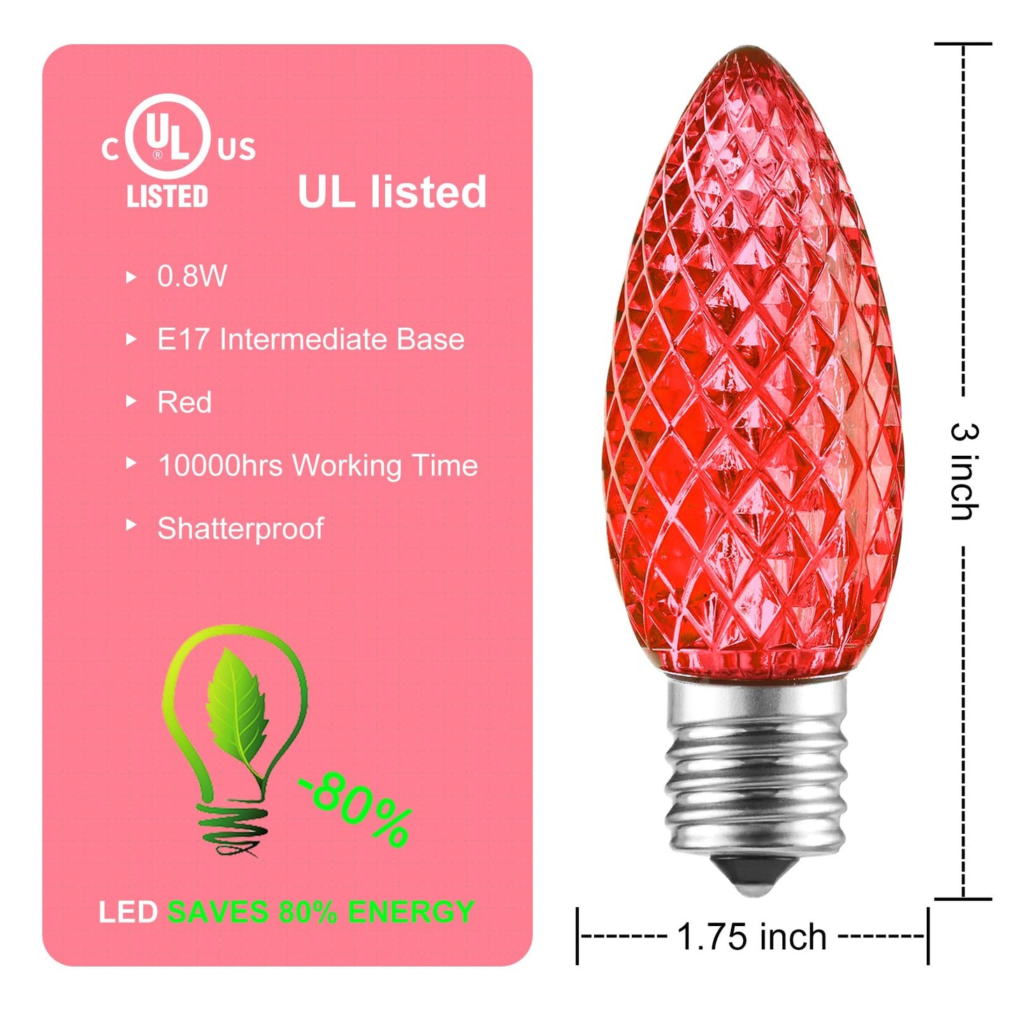 Minetom C9 LED Christmas Light Bulbs, Shatterproof, Dimmable, E17 Base, 50 Count, Red