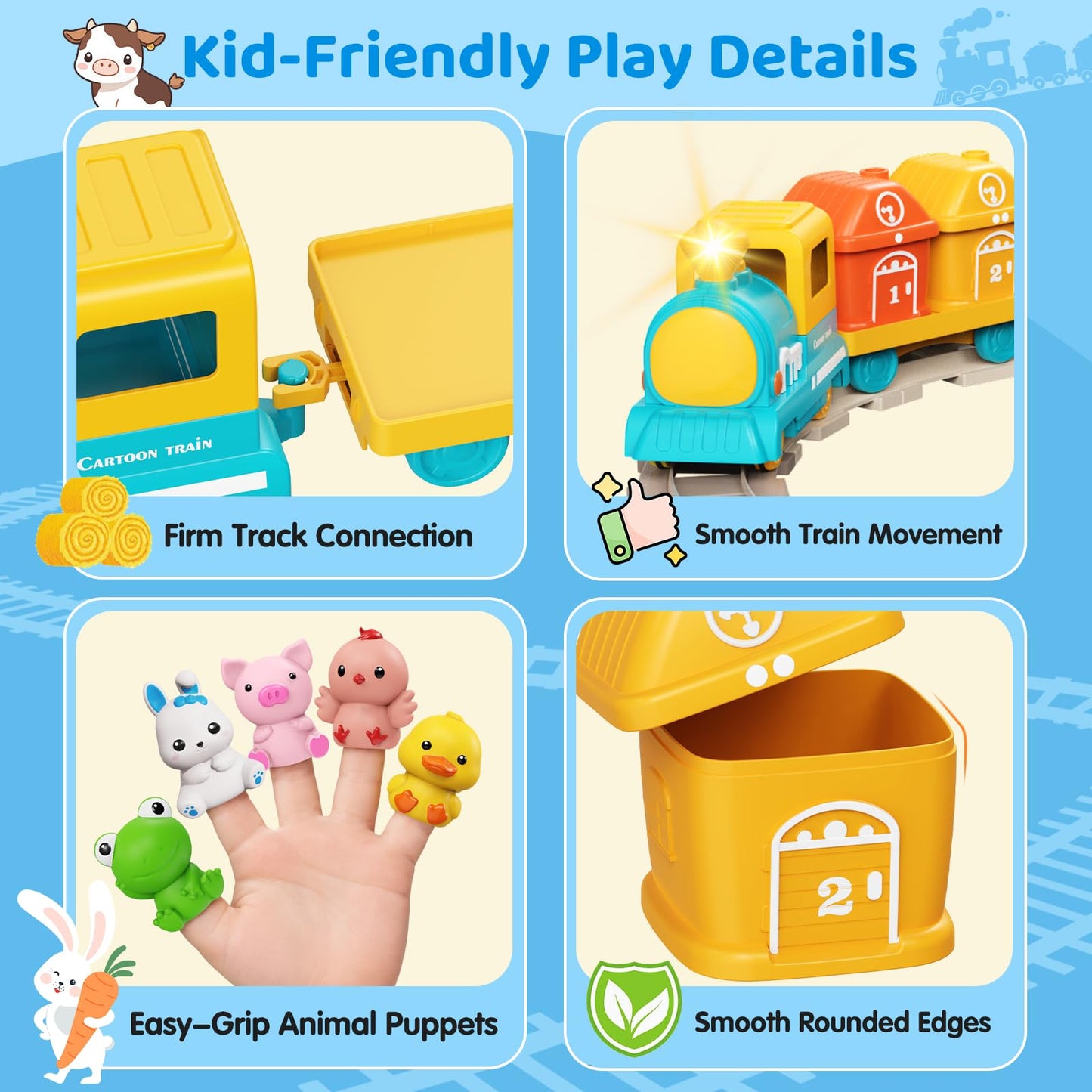 Cmiolacuna Train Set for Toddlers 2-4, Electric Toddler Train Set with Farm Animals, Music & Lights, Montessori Counting & Sorting Learning Toy, Birthday Easter for Boys Girls (Blue/Yellow)