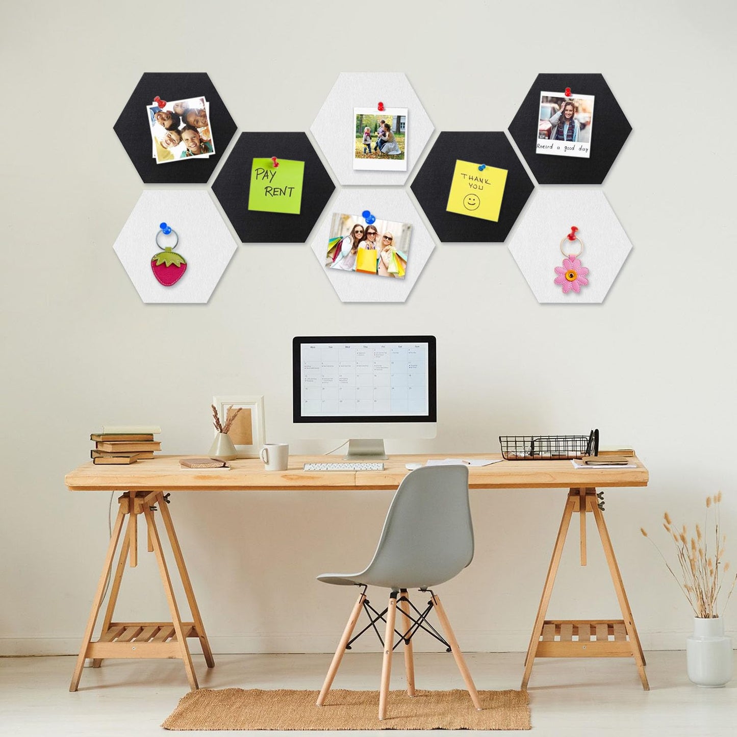 8 Packs Black White Hexagon Felt Pin Board, 12" Bulletin Board with 30 Push Pins, Felt Board for Home Kitchen Office Decor, Self-Adhesive Corkboard Tiles for Walls Message Photos Memos Display