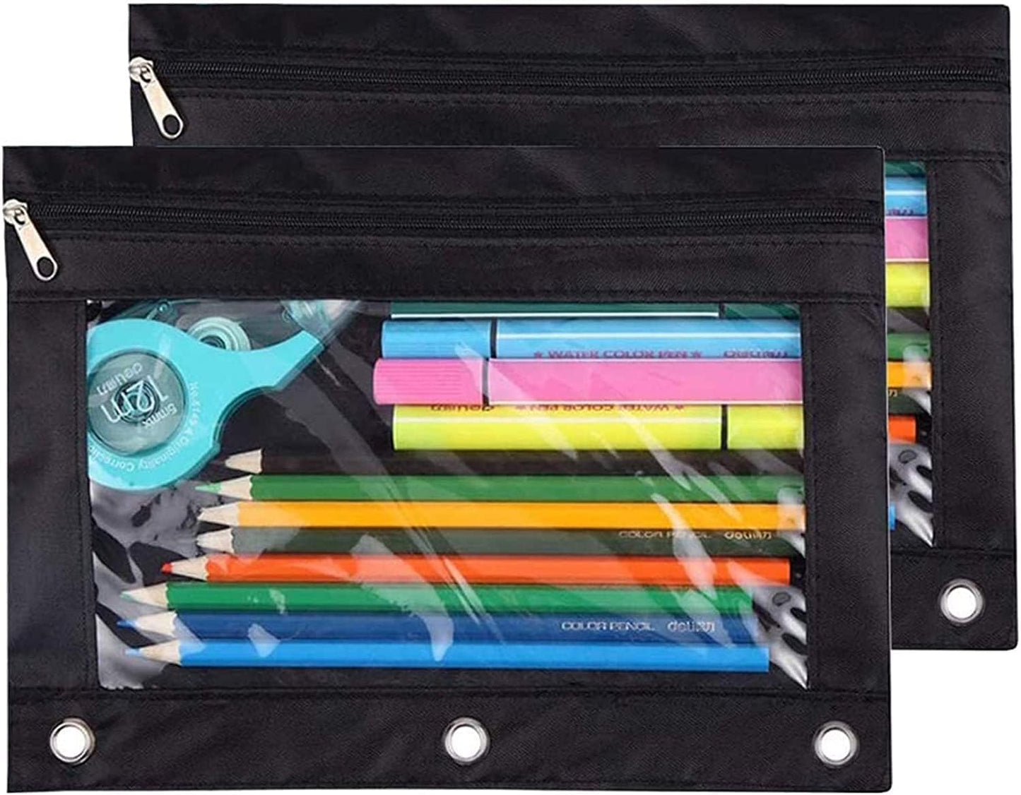 TOPWOOZU Pencil Pouch 3 Ring, Zipper Pencil Pouches Case Binder Cosmetic Bag Black 2 Pack