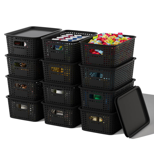 ORGIDOL Plastic Storage Basket with Lids 12 Pack Stackable Black Storage Bins Containers with Lid, Decorative Storage Boxes for Organizing Shelves, Drawers, Playroom, Classroom, Office, Closet