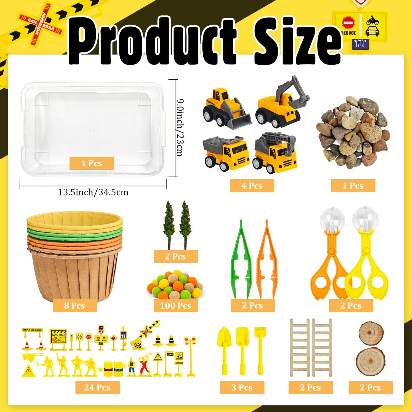 Cinrobiye 150 Pcs Construction Theme Activity Fillers Set with Storage Box, Engineering Vehicle Accessories, Road Signs, Tools, Building Materials and Sorting Supplies for Classroom Activities