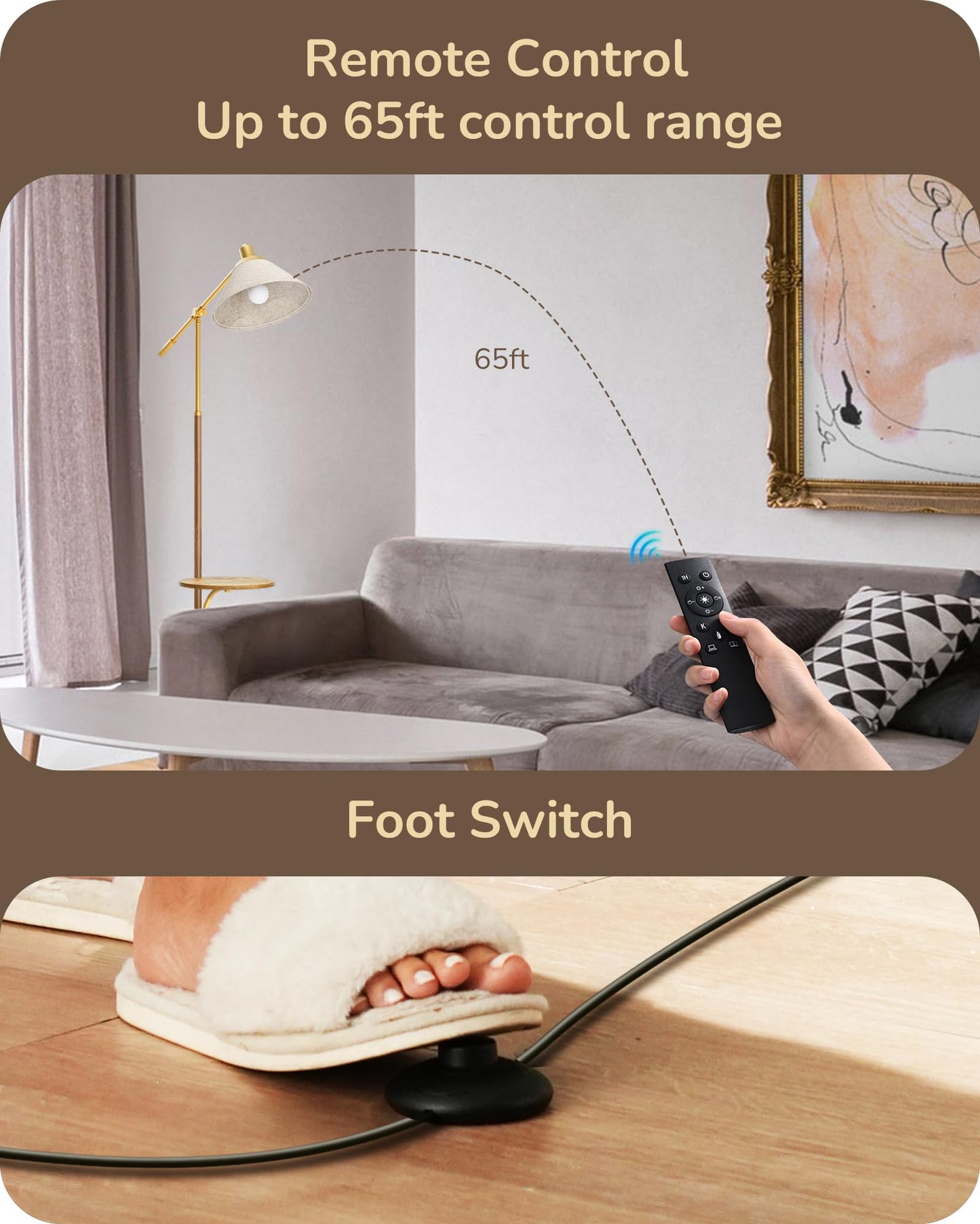 EDISHINE 68in Arc Floor Lamp, Vintage Standing Lamp with Beige Shade, Remote Dimmable Bulb, Walnut Wood Grain, Model HFLEF1