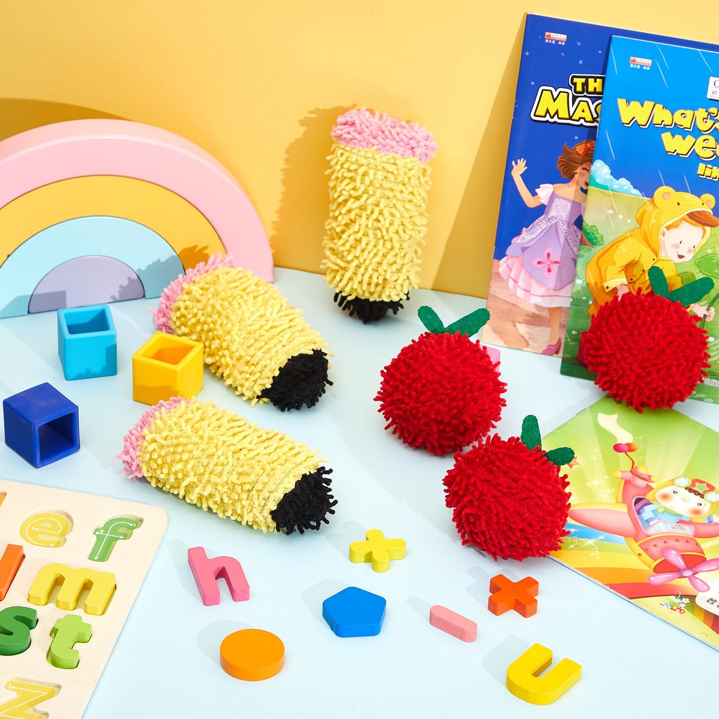 Wonderjune 6 Pcs Mini Dry Erase Eraser for Kids Lap Boards, Cute Pencil Apple Shaped Microfiber Shag Board Erasers Bulk, Funny Teacher Classroom Rewards Student Desk Decor, School Supplies Gifts