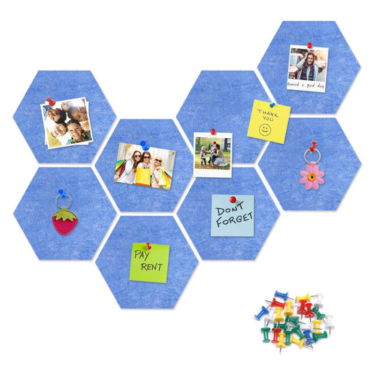 8 Packs Sky Blue Hexagon Felt Pin Board, 12" Bulletin Board with 30 Push Pins, Felt Board for Home Kitchen Office Decor, Self-Adhesive Corkboard Tiles for Walls Message Photos Memos Display