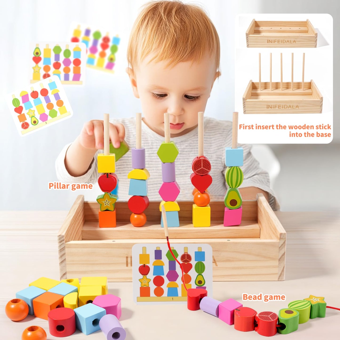 INIFEIDALA Montessori Toys for 3 4 5 Year Old,Stacking Blocks,Lacing Beads & Shape Stacker,Wooden Beads Sequencing Toy Set,Fine Motor Skills & STEM Preschool Learning Gifts for Toddlers Boys & Girls