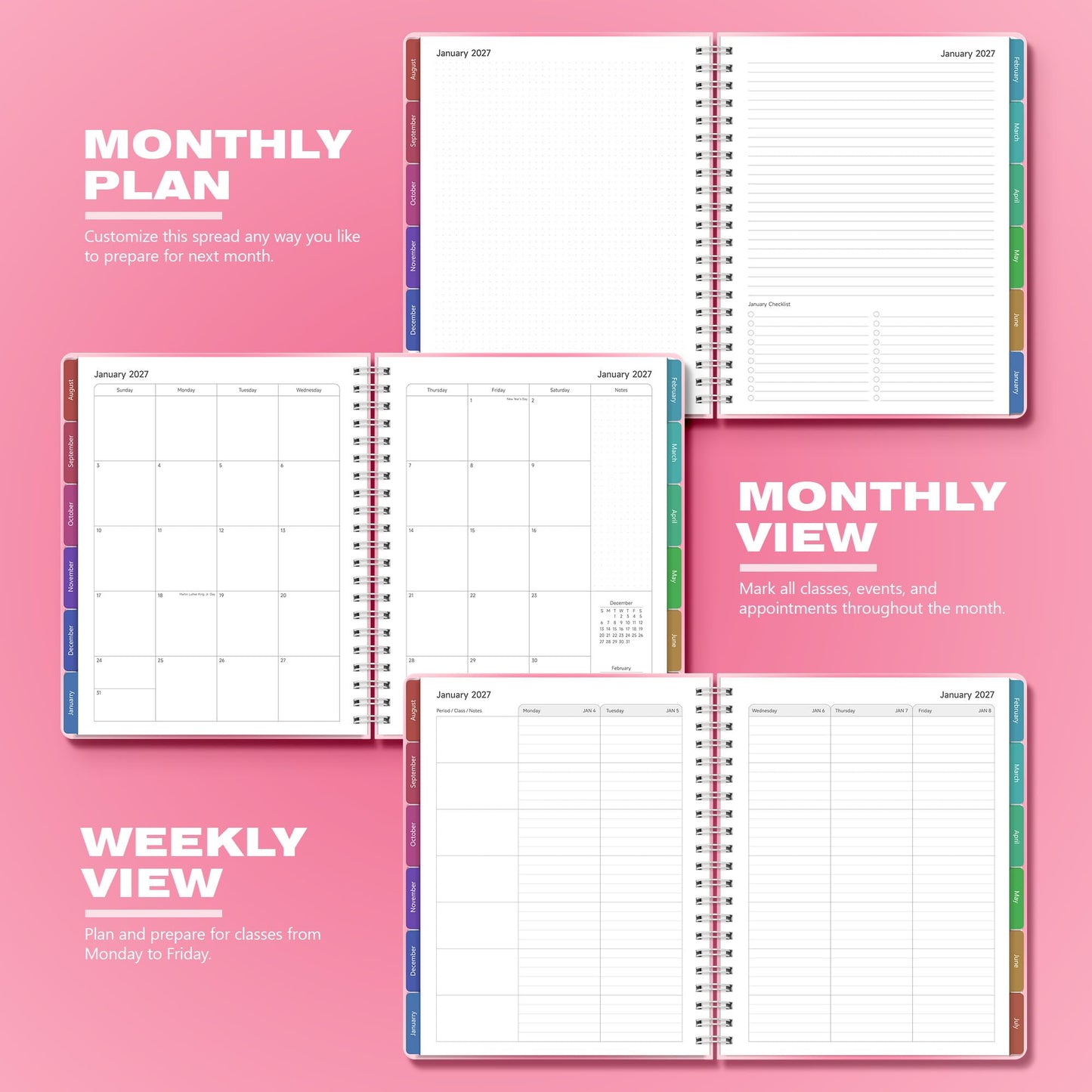 Teacher Lesson Planner 2026-2027 Academic Year, Aug 2026-Jul 2027, Deluxe 26-27 Lesson Plan Book for Teachers Supplies & Homeschool Planner with Pocket & Monthly Tabs, 8.5" x 11", Pink Ombre